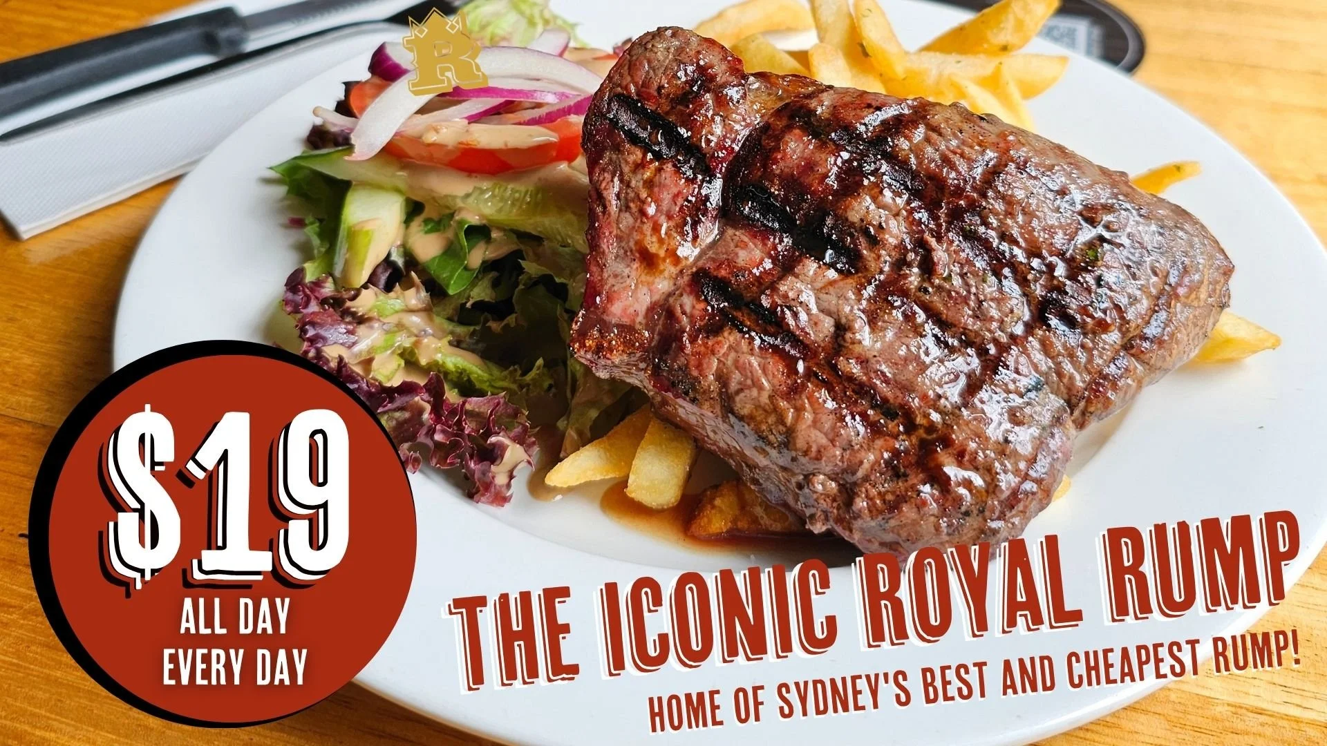$19 rump steak at The Royal Darlington Sydney, served with chips and salad, best value cheap steak available all day every day