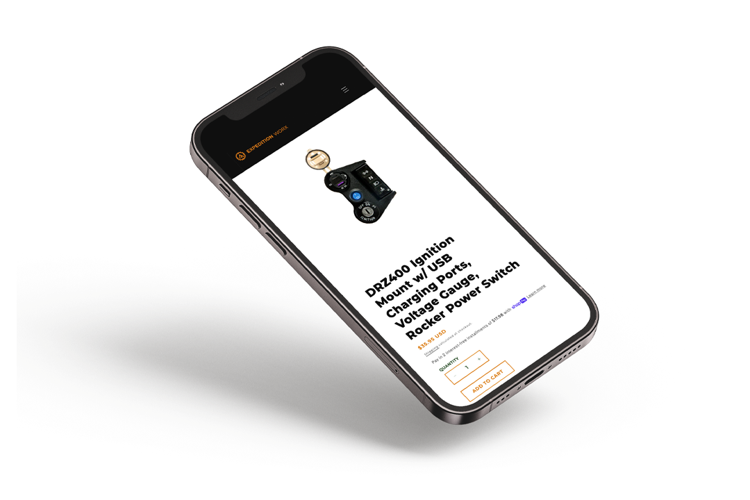 Smartphone displaying a product page for a portable car key ignition on an online retail website, with an image of the key, a description, price, quantity selector, and add to cart button.