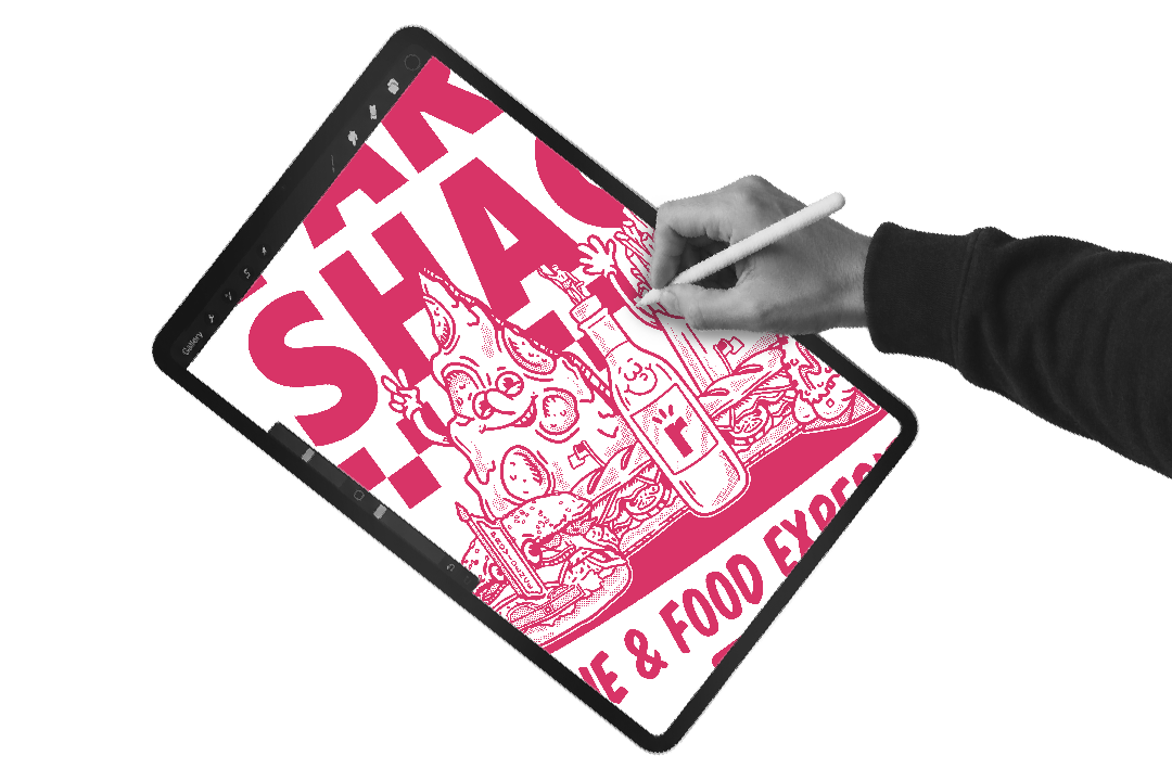 A person using a stylus on a tablet displaying a food advertisement with bold red text and illustrations of food items.