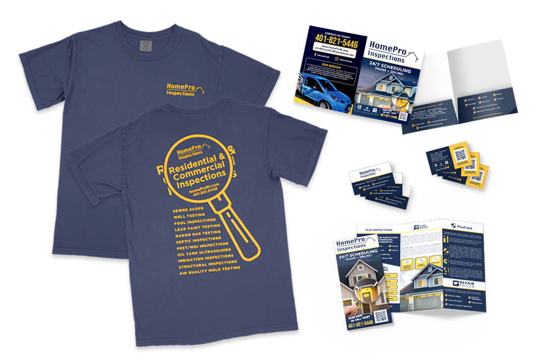 Branded merchandise and promotional materials for HomePro Inspections, including two blue t-shirts with yellow print, flyers, and business cards.