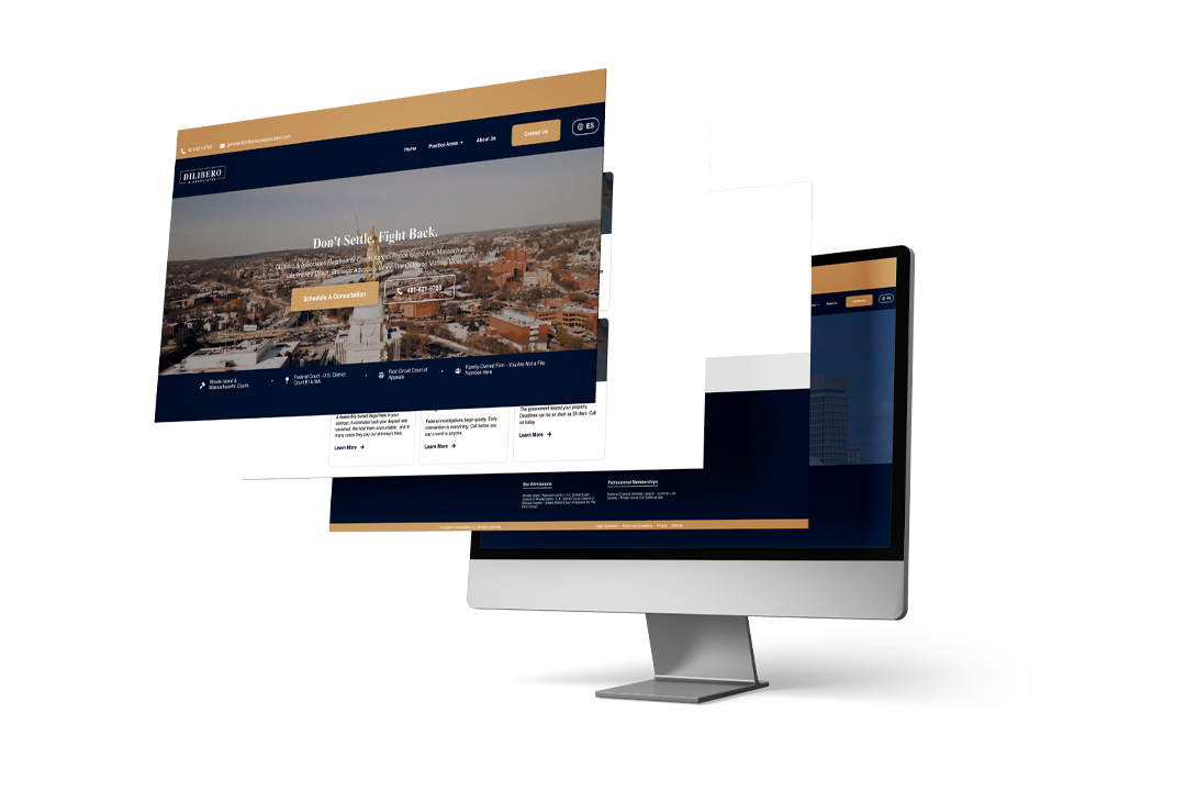 A computer monitor displays a website for DILIBERO, a legal service, with a cityscape background and a menu bar with options such as Home, Pastore Area, and About Us. The website features a prominent call-to-action button for scheduling a consultation.