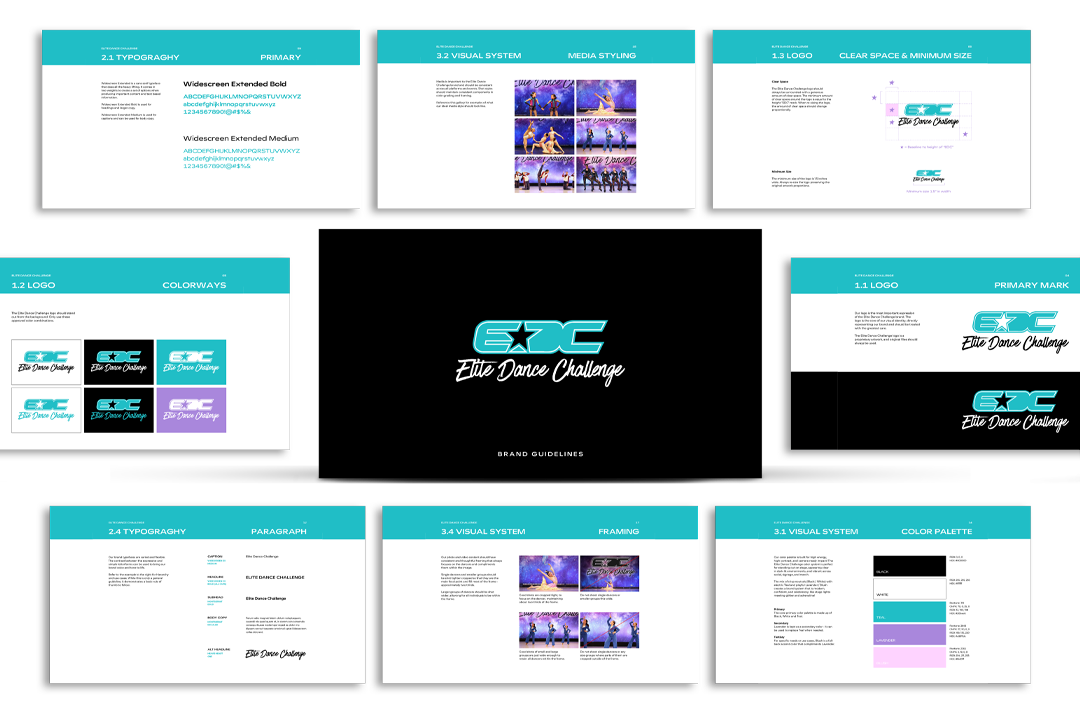 A branding and style guide presentation for the 'Elite Dance Challenge' logo, showing various logo designs, typography, color palette, visual systems, media styling, and example images of dancers.