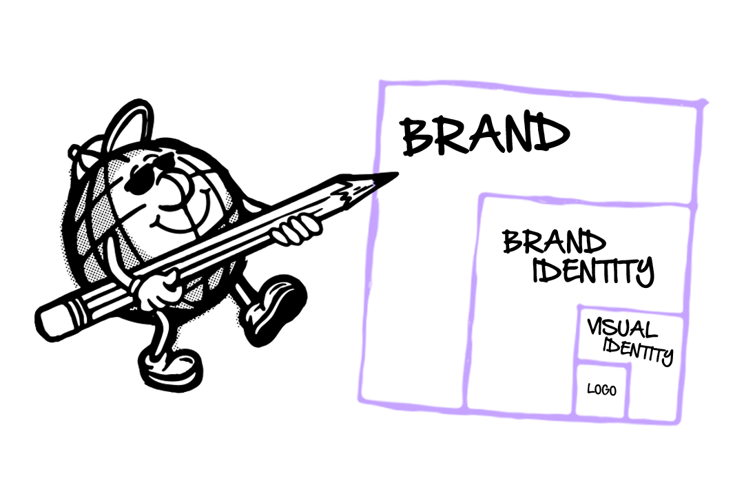 A black and white drawing of a person holding money and facing a purple bank branch, with the bank's signage visible.