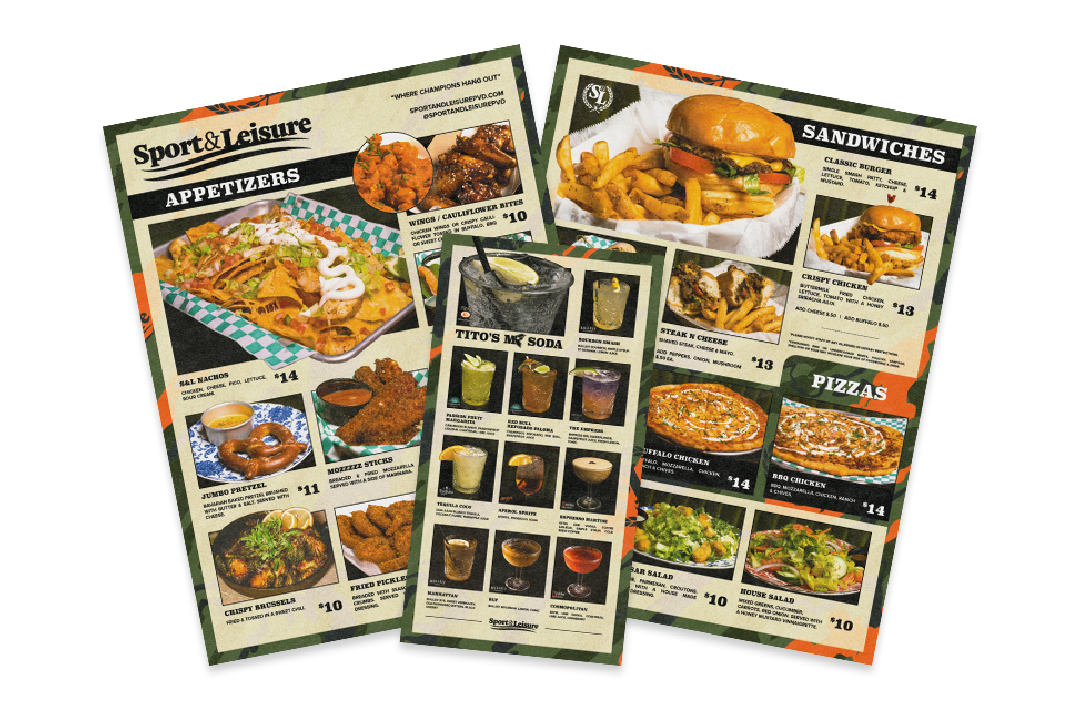 Three menus featuring food and drinks like appetizers, sandwiches, and pizzas, with colorful images and prices.