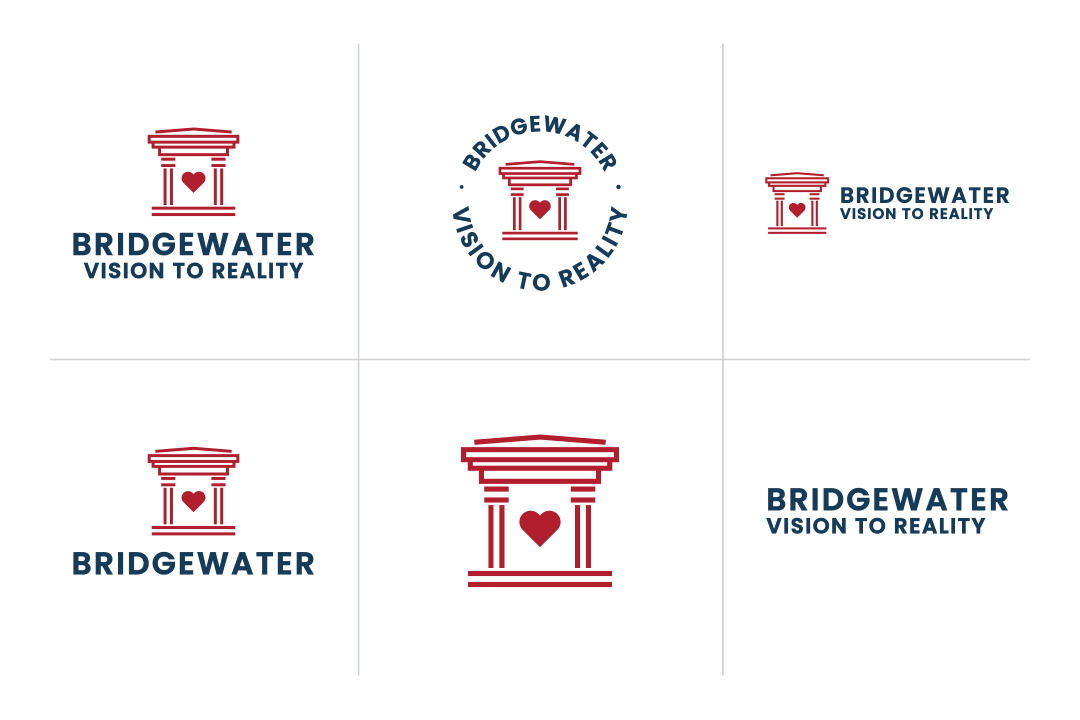 Six variations of a logo consisting of a red temple with a heart inside, accompanied by the text 'BRIDGEWATER' and 'VISION TO REALITY'. The logos are arranged in a 3x2 grid on a white background.