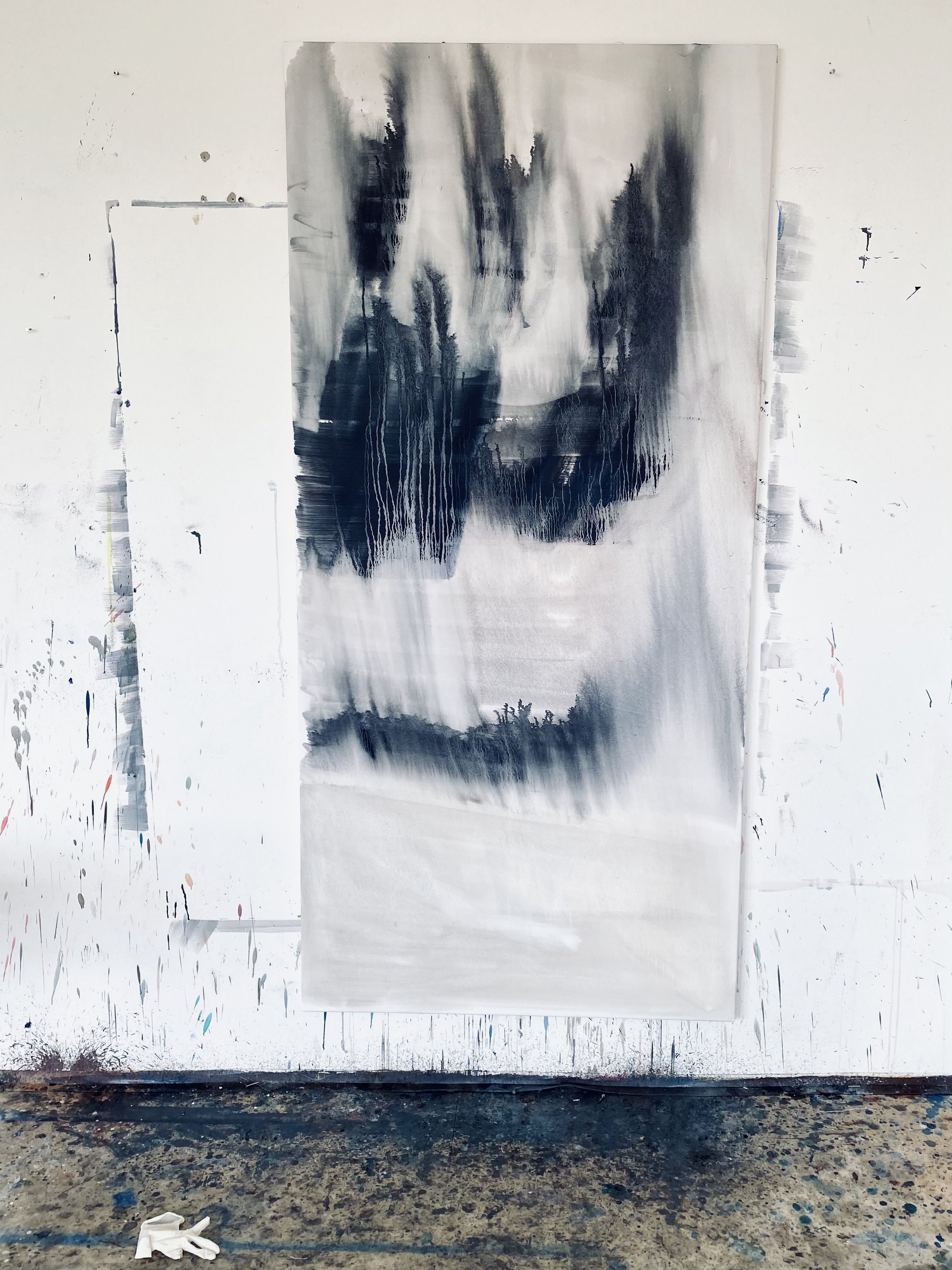 Steaming Mountains, oil on canvas, 200 cm x 95 cm, 2023, studio view, photo: Katarína Fremalová