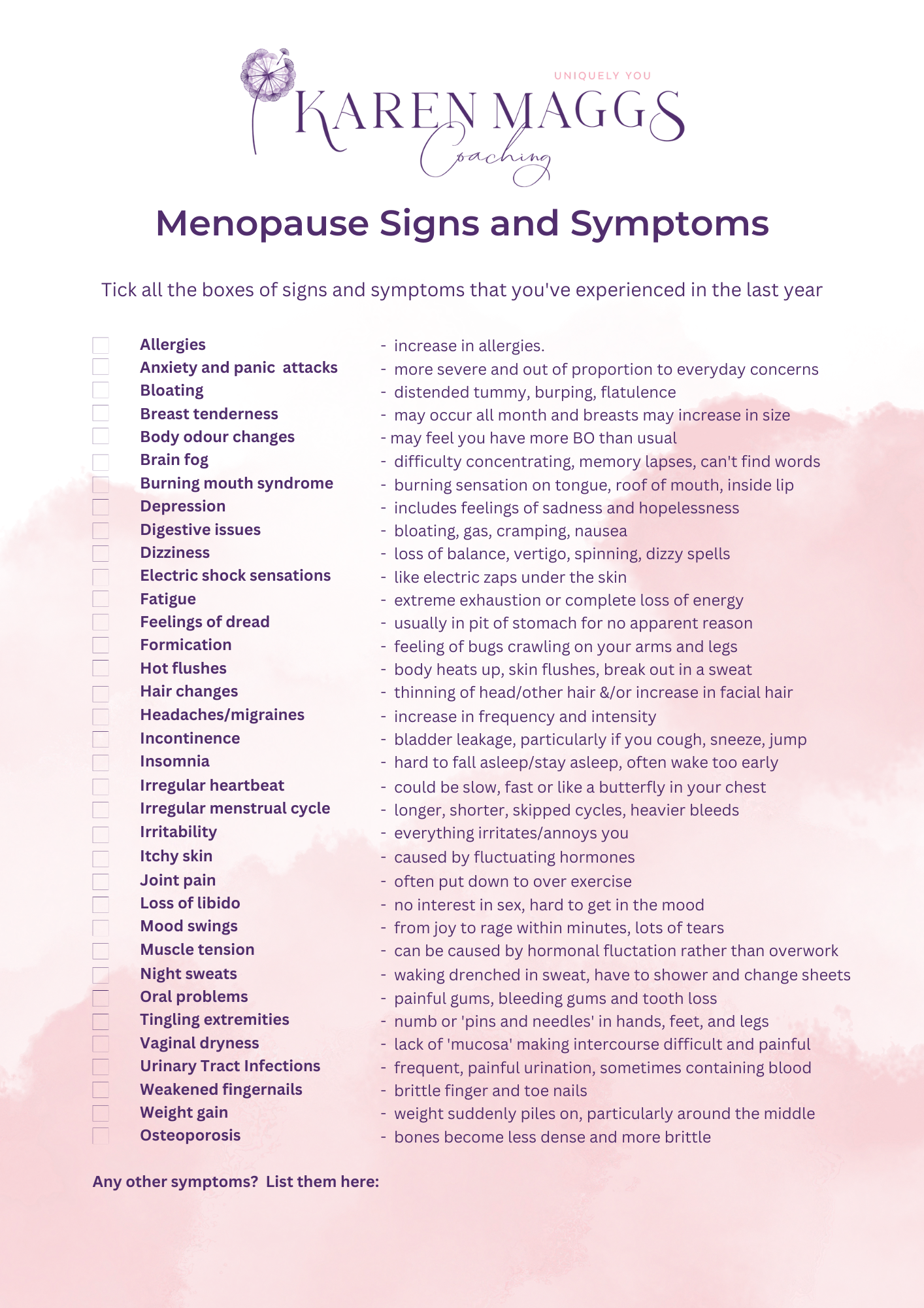 Menopause Signs and Symptoms Checklist — Karen Maggs Coaching