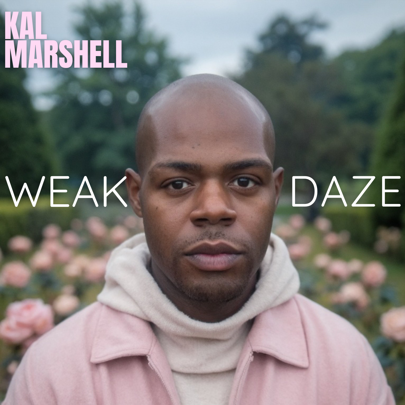 A young man with a shaved head standing outdoors in a garden with pink roses, wearing a light beige hoodie and a pink jacket, with text overlay that reads "KAL MARSHELL WEAK DAZE".