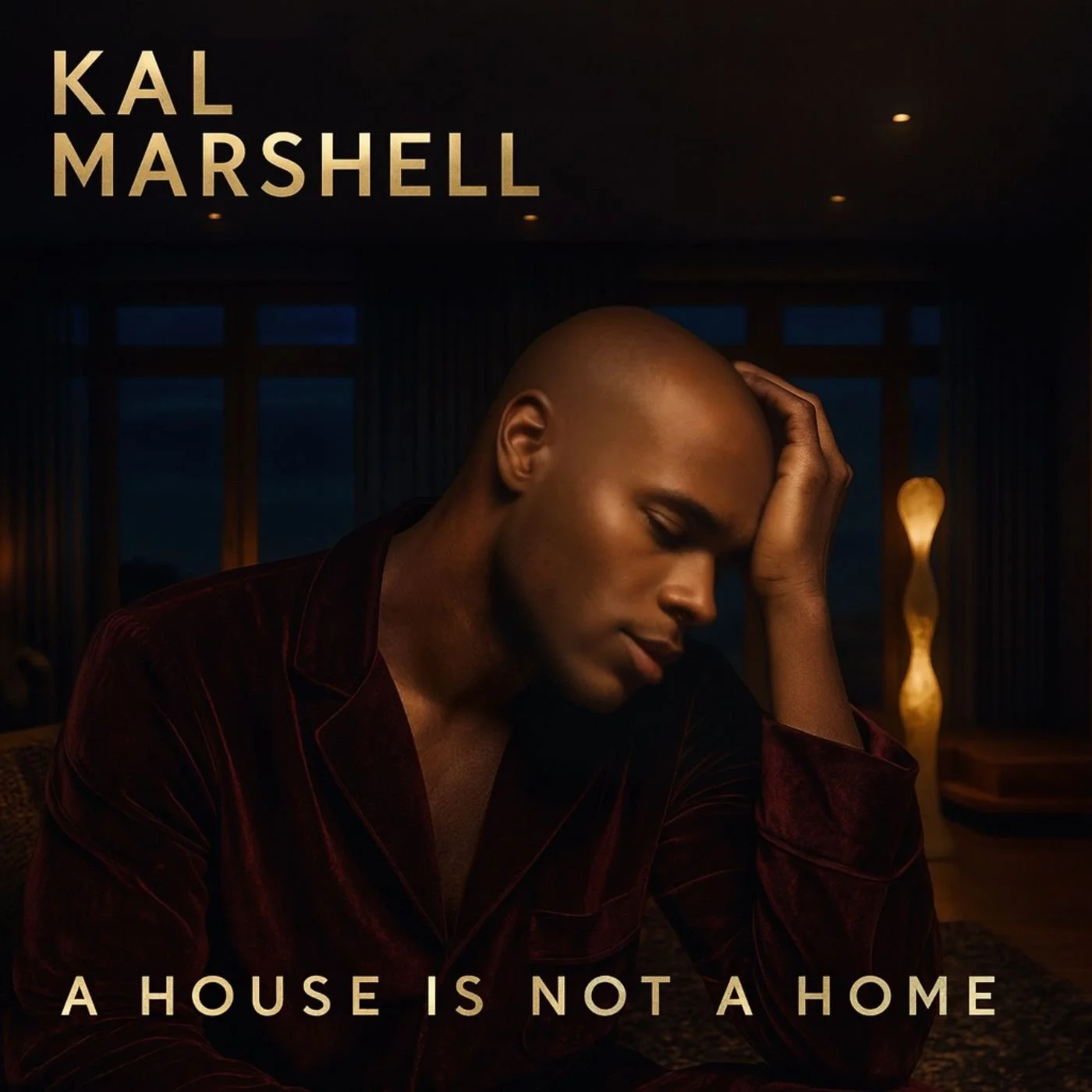 A man with a shaved head resting his head on his hand, looking down, inside a dimly lit room with a lamp and large windows in the background, promotional poster for Kal MarShell, with the quote 'A house is not a home'.