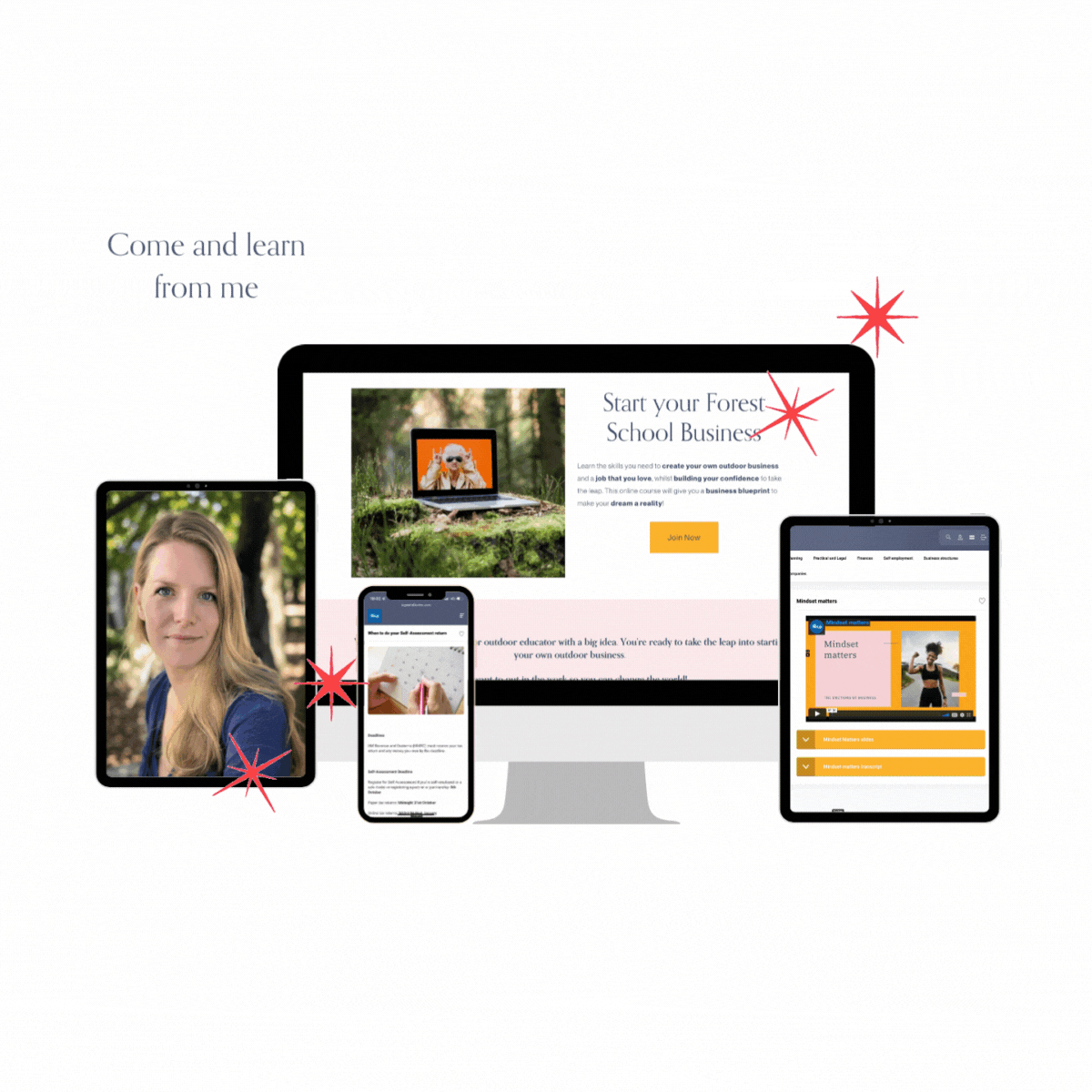 Multiple electronic devices displaying online educational content and promotional material about starting a forest school business, with a nature background and red starburst accents.