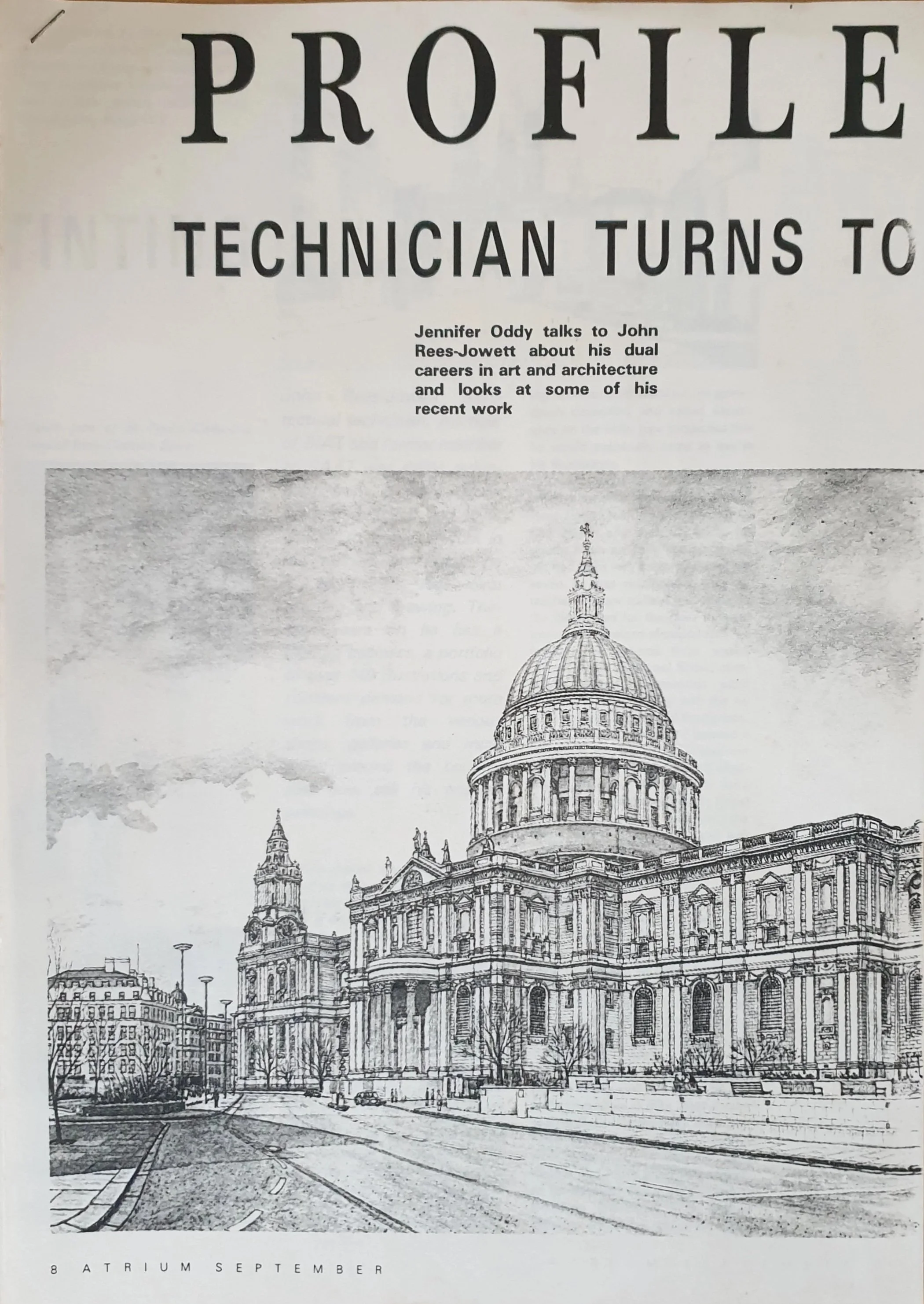 Opening page of “Technician Turns to Painting”, a biographical profile of John Rees-Jowett by Jennifer Oddy in Atrium magazine, featuring his architectural artwork.