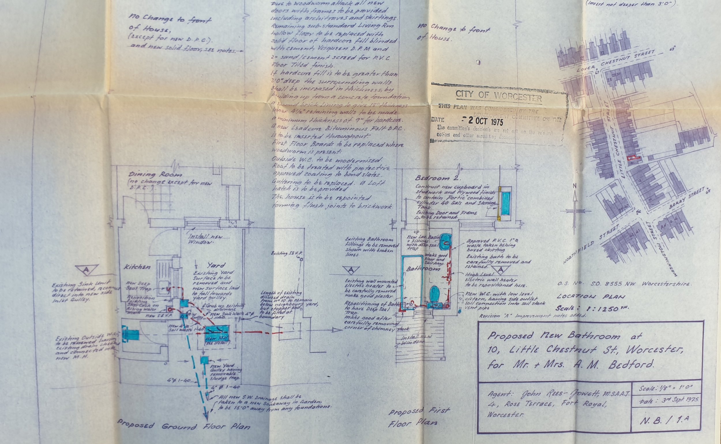 John Rees-Jowett architectural plan for property alterations in Worcester, dated 2 October 1975, showing proposed kitchen, bathroom and yard works.