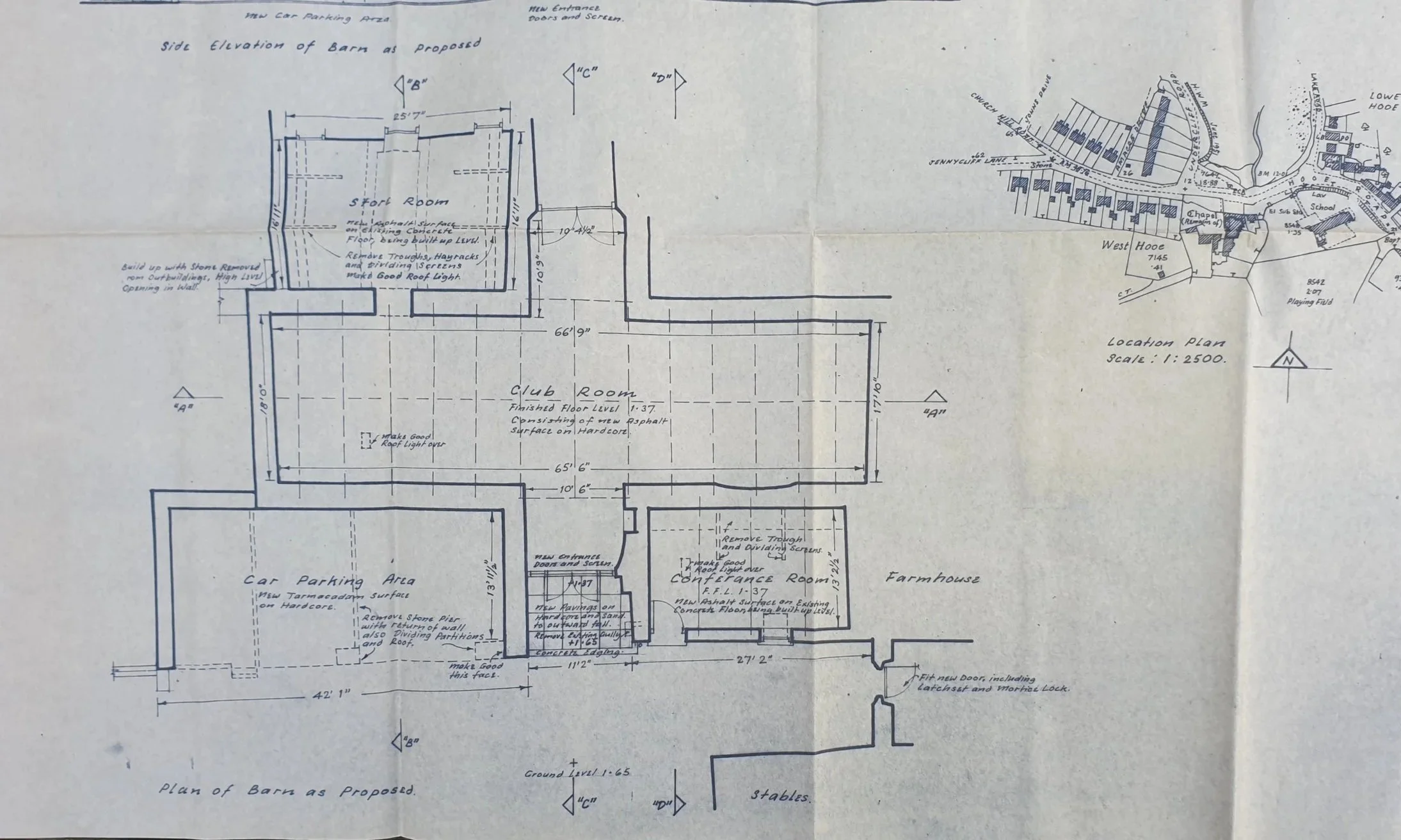 Architectural plan by John Rees-Jowett showing a proposed barn development with club room, farmhouse, parking areas and landscaping.