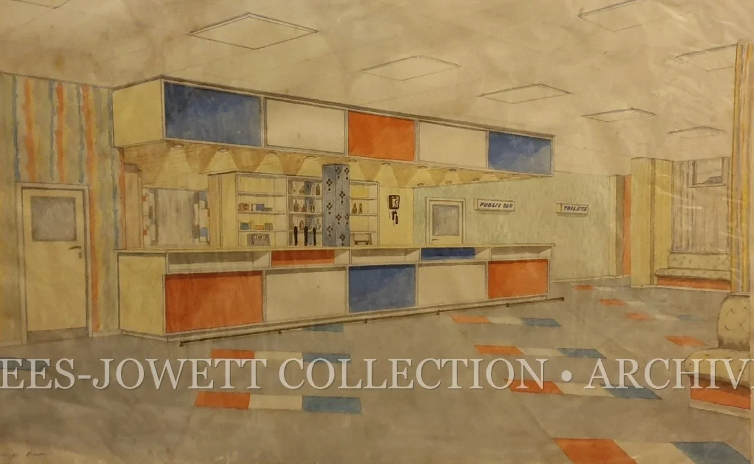 Interior design artwork by John Rees-Jowett showing a detailed commercial interior with counters, fittings and architectural features.