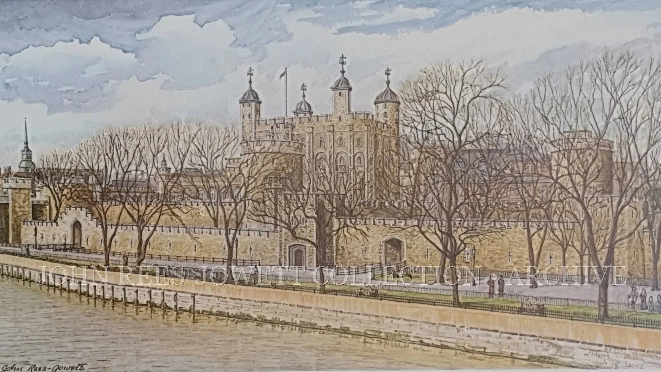 The Tower of London.

Viewed from the River Thames, London.

John Rees-Jowett.

A carefully observed architectural study of one of Britain's most recognisable historic landmarks, viewed across the River Thames. Rees-Jowett's treatment combines archit