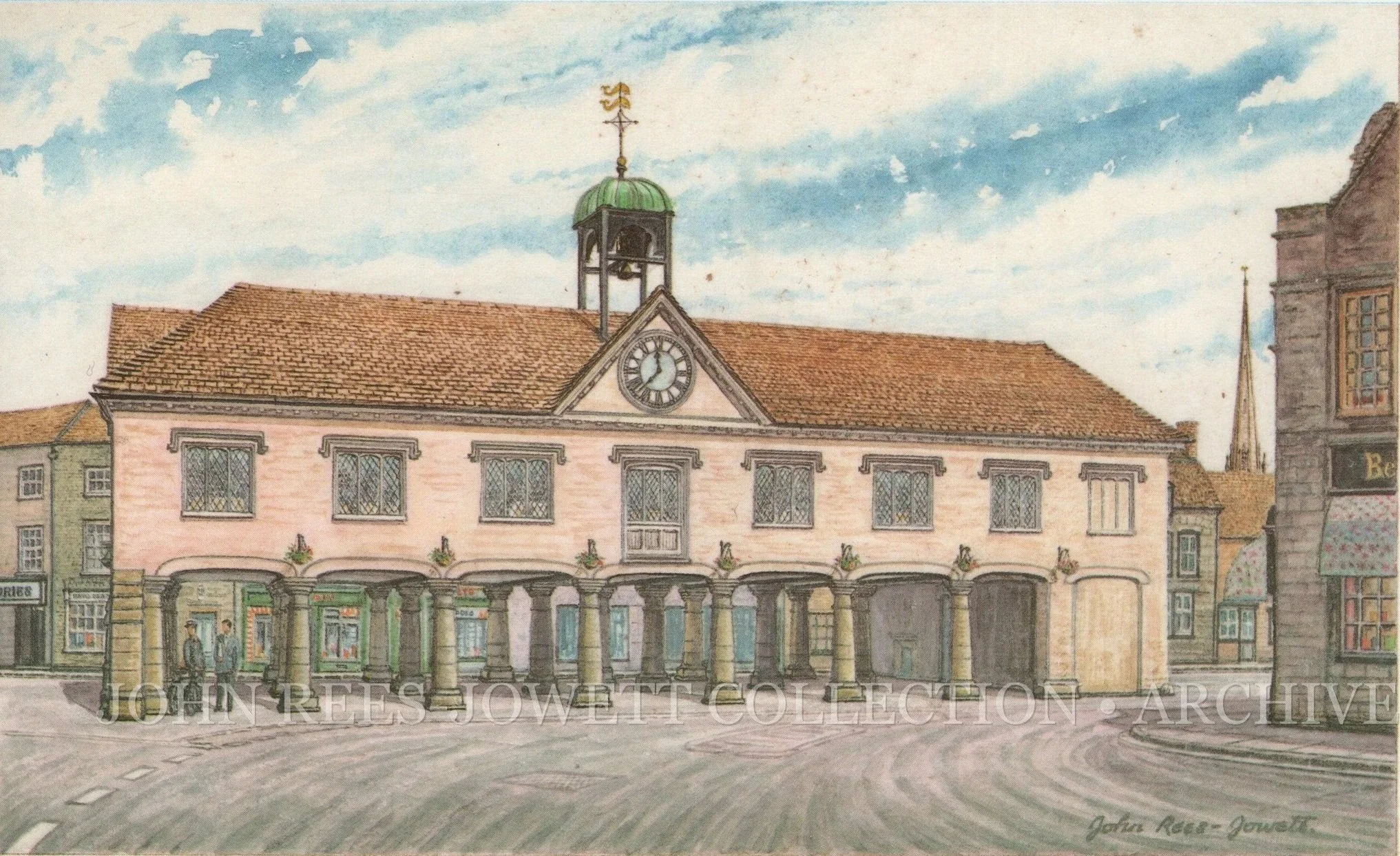 Medieval Town Hall.

Tetbury, Gloucestershire.

John Rees-Jowett.

A characterful study of Tetbury’s historic town hall, capturing the distinctive architecture at the heart of this old Gloucestershire market town. Rees-Jowett’s watercolour treatment 