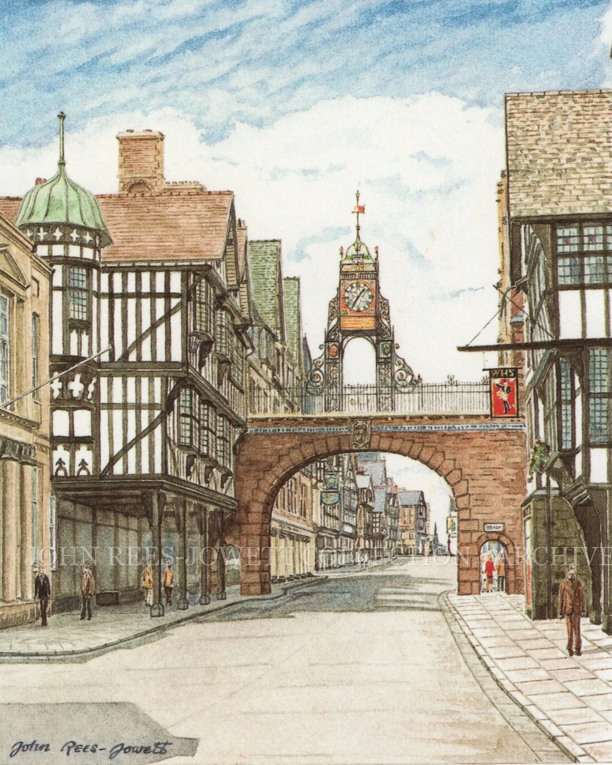 Eastgate Clock

Eastgate Street, Chester, Cheshire.

John Rees-Jowett.

One of Chester’s most distinctive landmarks, captured by Rees-Jowett with particular attention to the ornate clock structure and the historic streetscape surrounding it. The work