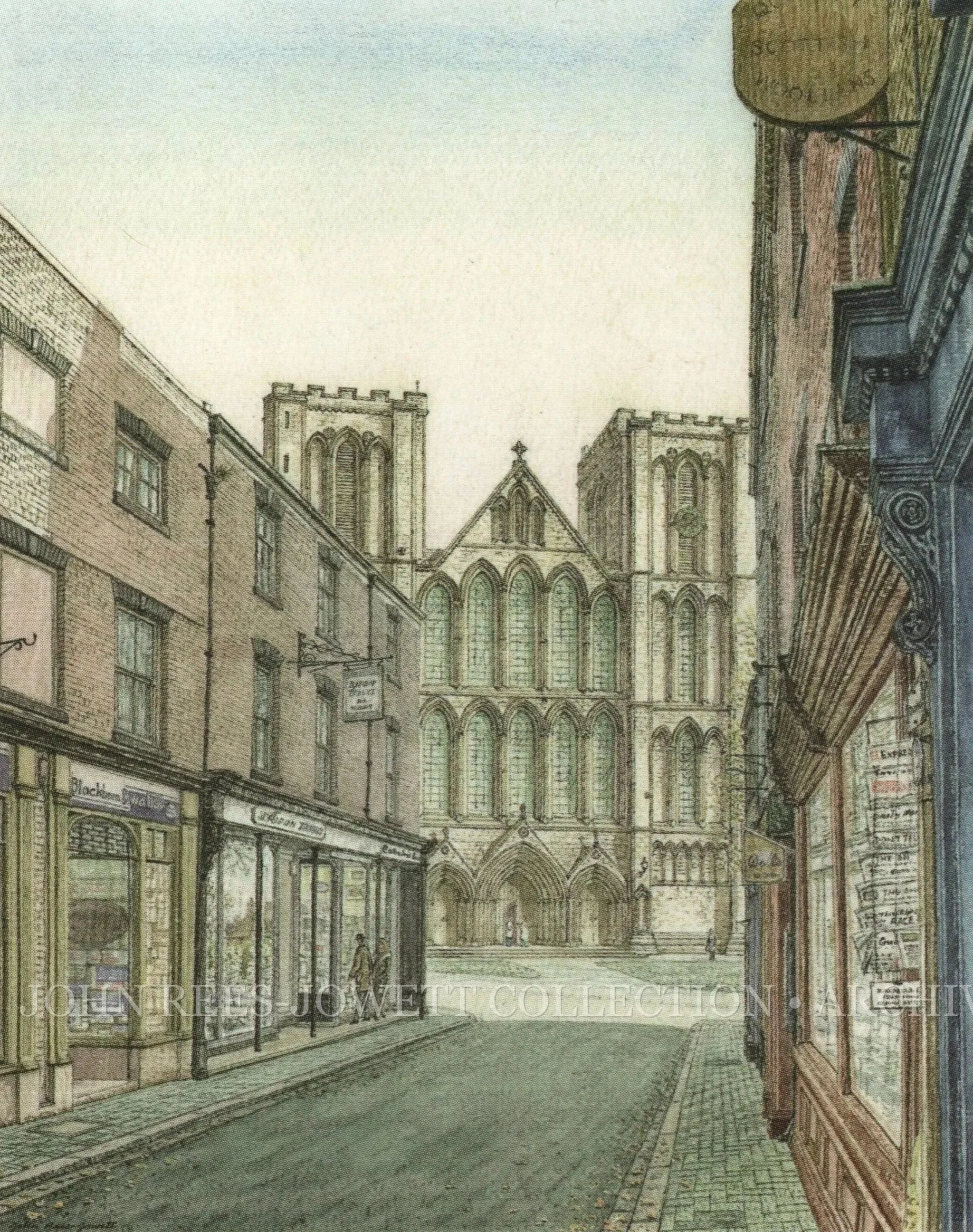 Ripon Cathedral.

Viewed from Kirkgate, Ripon, North Yorkshire.

John Rees-Jowett.

A view from Kirkgate towards the historic Cathedral Church of St. Peter and St. Wilfrid. Rees-Jowett places the cathedral within its surrounding streetscape, combinin