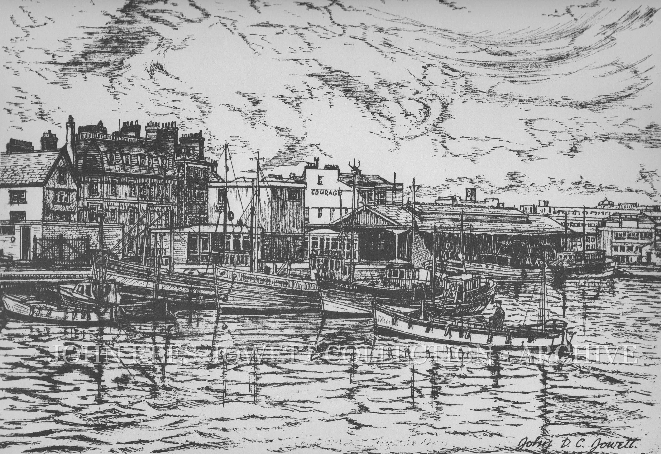 The Barbican, Plymouth.

Plymouth, Devon.

John D. C. Jowett.

A wonderfully intricate study of Plymouth’s historic Barbican, with traditional boats gathered within the harbour and the old waterfront rising densely behind them.

Here Rees-Jowett’s ar