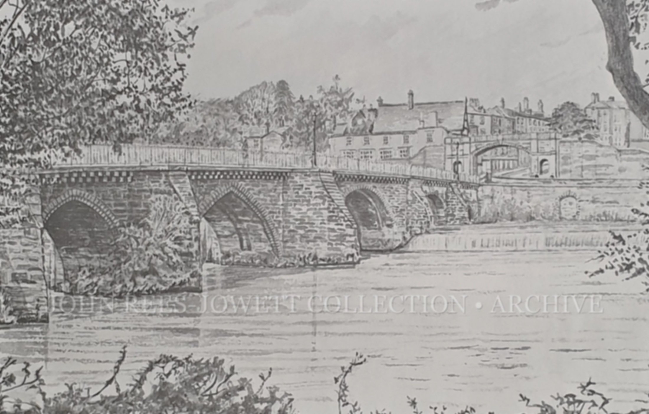 Dee Bridge, Chester

A detailed architectural study by John Rees-Jowett depicting Dee Bridge, Chester, viewed across the River Dee. The drawing captures the historic stone bridge and surrounding riverside architecture, framed by the landscape along t