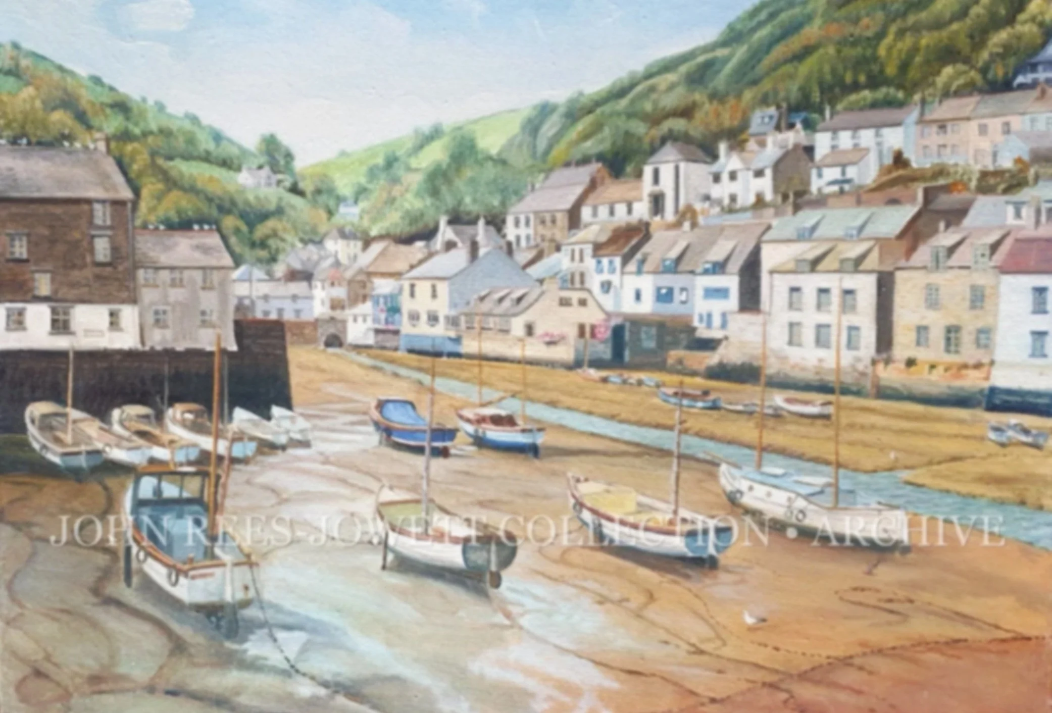 Polperro Harbour.

Cornwall, 1968.

John Rees-Jowett.

Painted in 1968, this beautifully observed view captures Polperro Harbour at low tide, with small fishing boats resting on the exposed harbour floor and the village rising steeply into the wooded