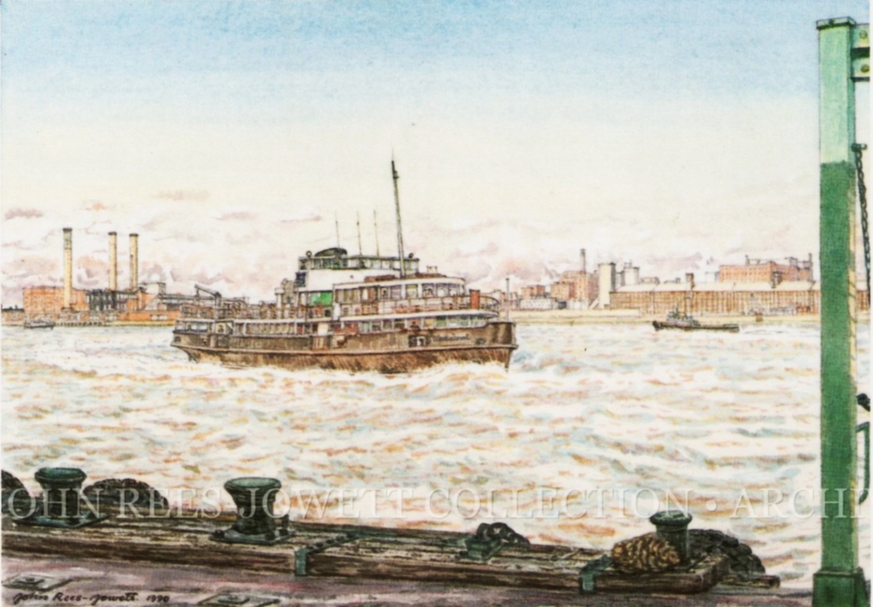 Ferry Crossing the Mersey.

Arriving at Seacombe Stage, Wallasey, Wirral.

John Rees-Jowett.

A familiar Mersey crossing captured in motion, as the ferry approaches Seacombe Stage on the Wirral shore. Rees-Jowett records not simply the vessel, but a 