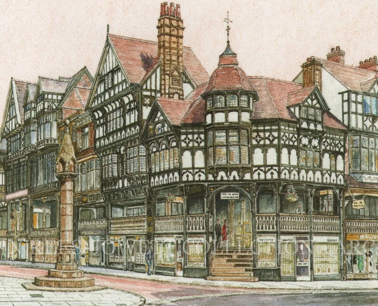 Chester Rows by John Rees-Jowett, an architectural artwork depicting the historic black-and-white buildings and street scene in Chester.