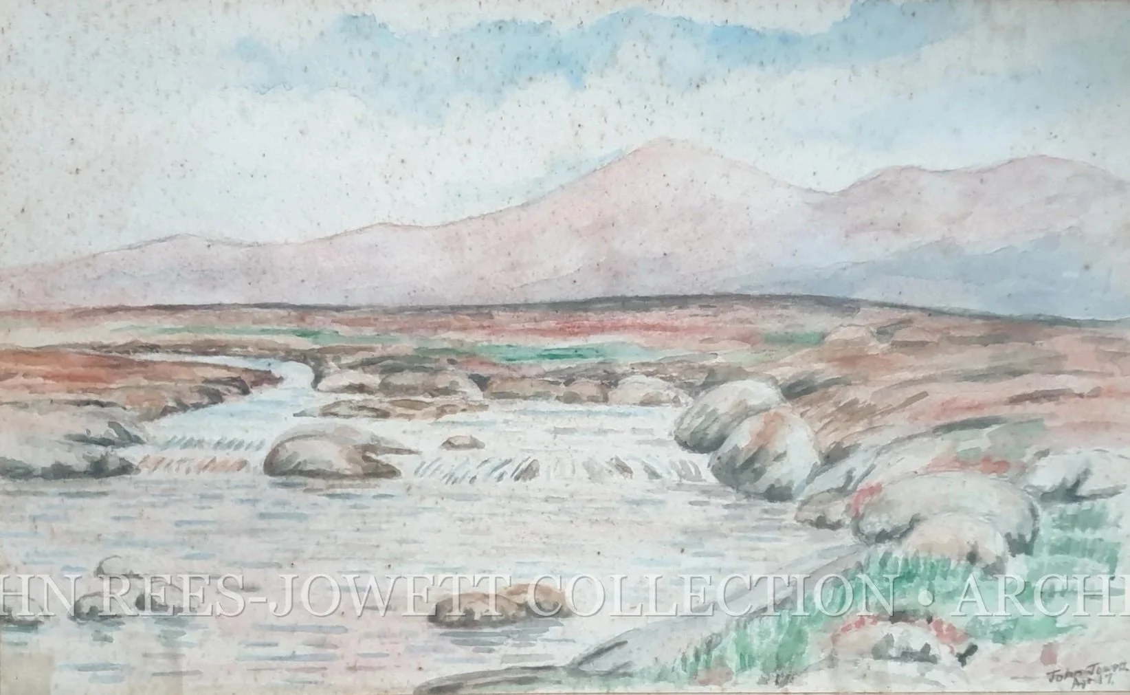 Killarney landscape by John Rees-Jowett, painted at age 17, showing a rocky river and mountains beneath a cloudy sky.