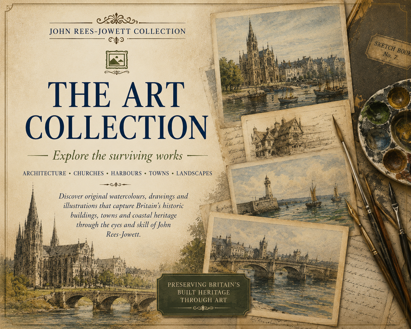The John Rees-Jowett Art Collection, featuring architectural drawings, watercolours, churches, cathedrals, harbours, towns and landscapes.
