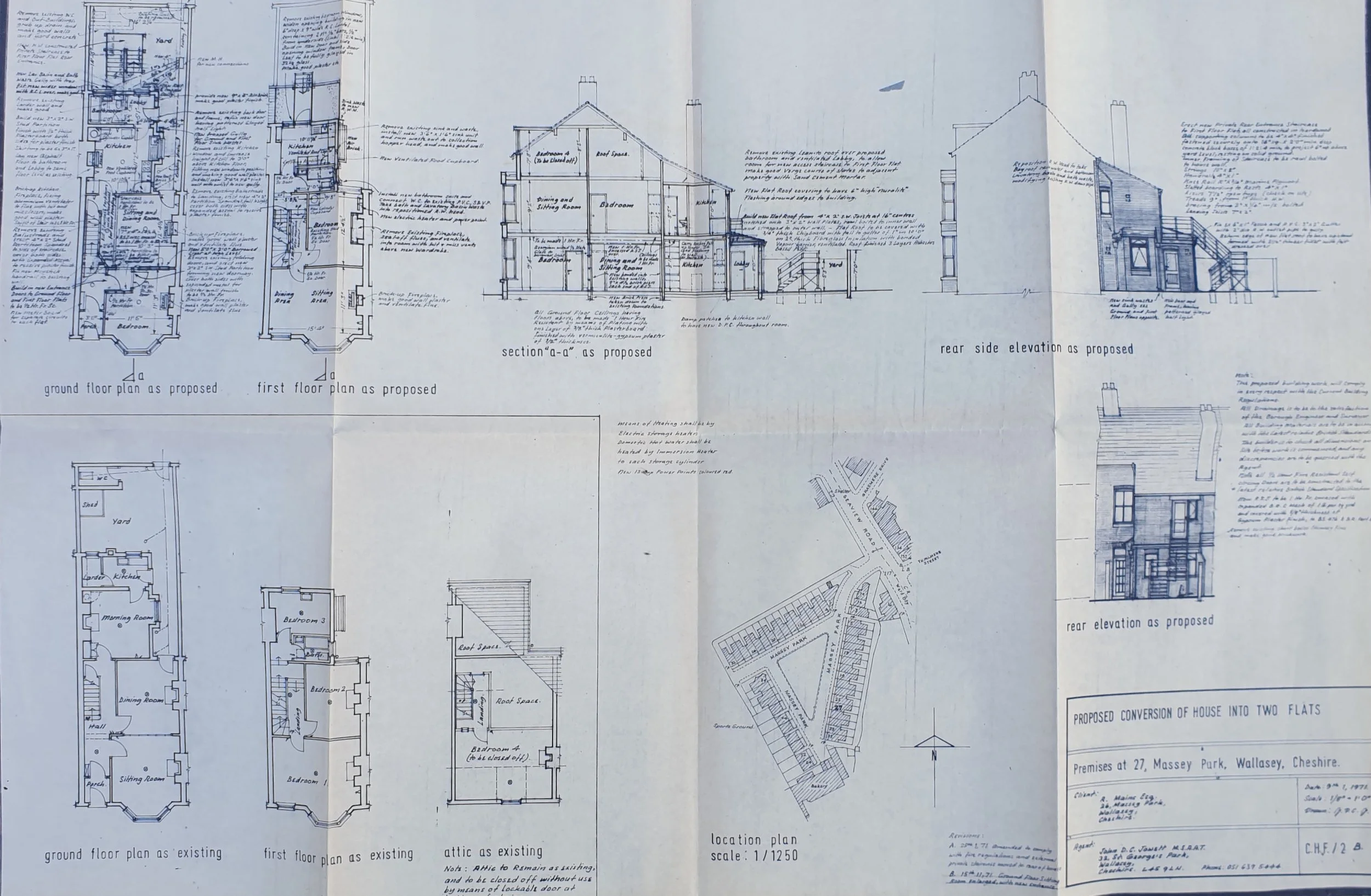 John Rees-Jowett architectural plans for a house, including floor plans, sections, elevations and site drawings.