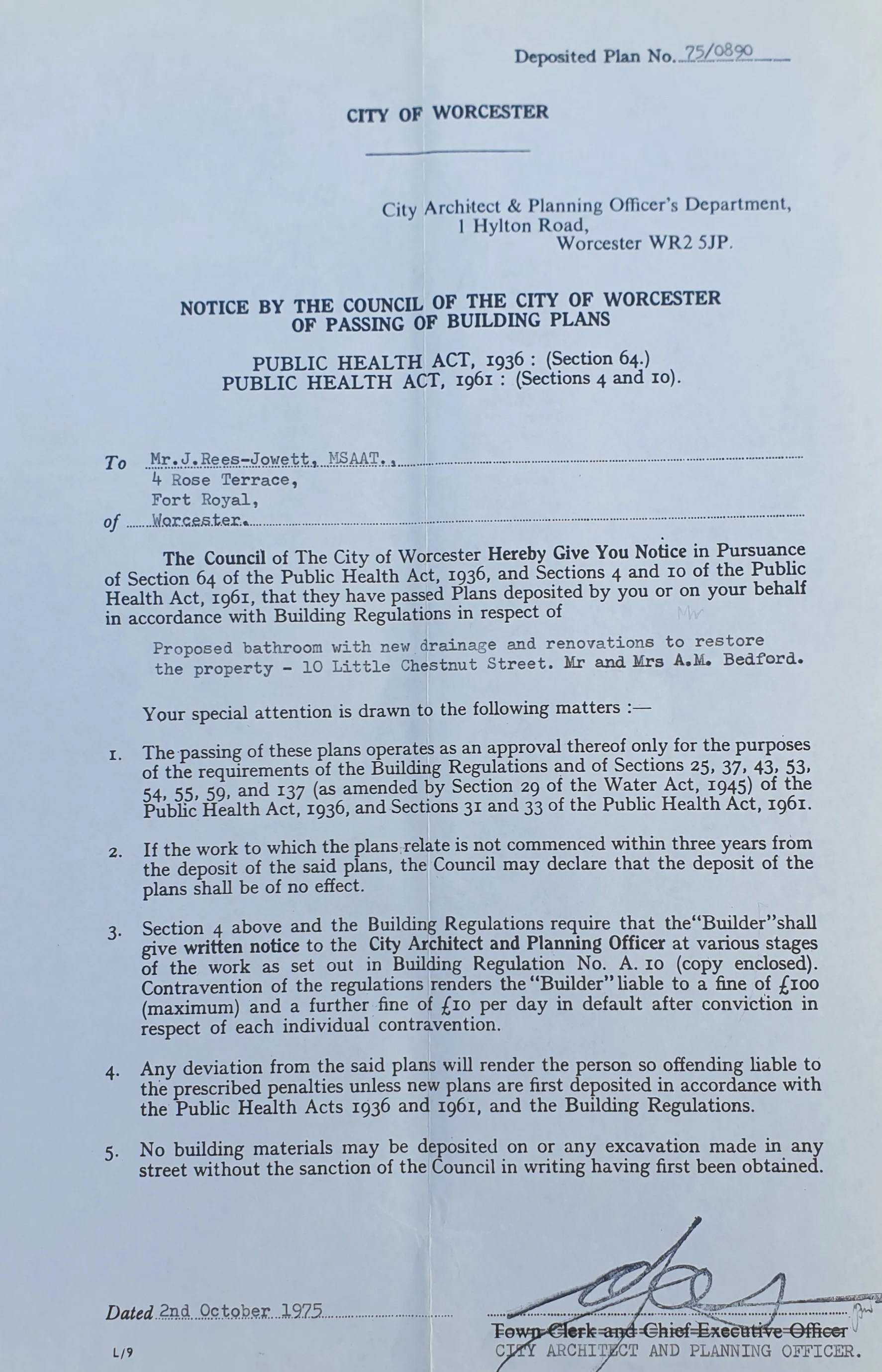 City of Worcester building approval letter dated 2 October 1975 for John Rees-Jowett architectural plans at 10 Little Chestnut Street.