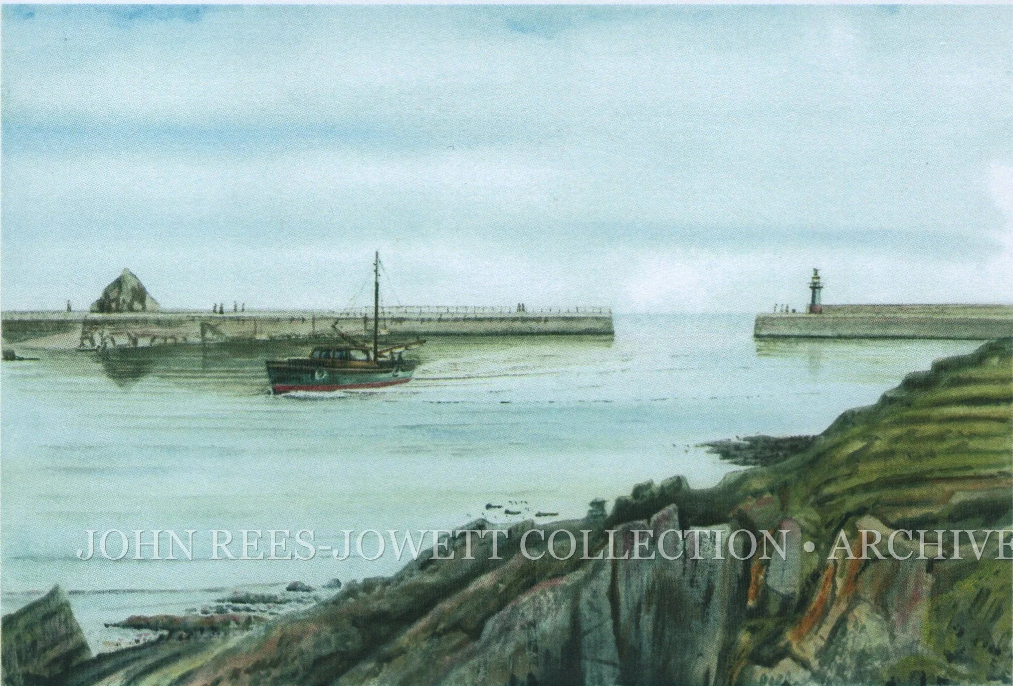 Mevagissey Harbour by John Rees-Jowett, a coastal artwork showing the Cornish harbour and shoreline, from the Rees-Jowett Collection Archive.