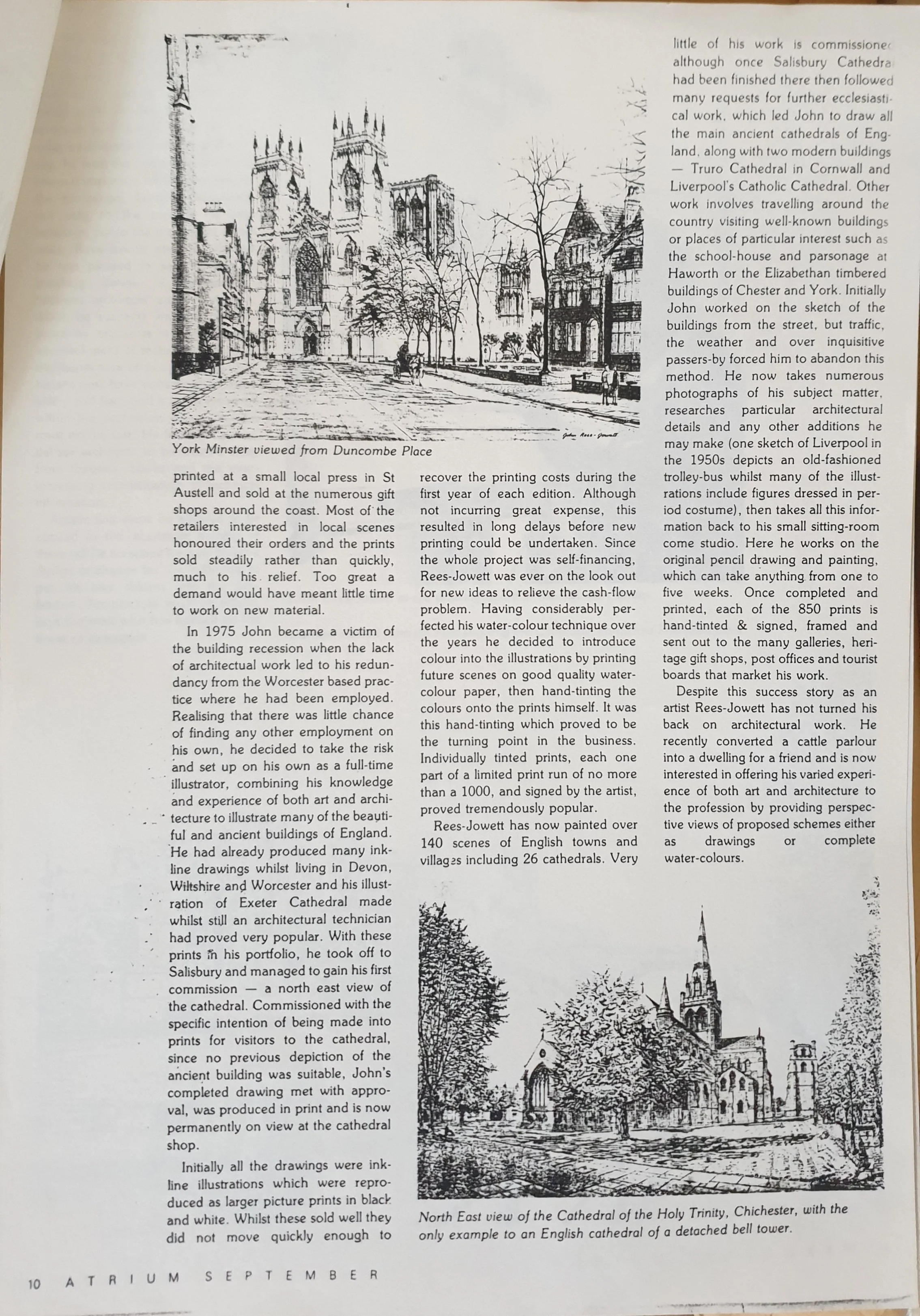 Second page of the Atrium magazine profile of John Rees-Jowett by Jennifer Oddy, discussing his careers in architecture and art and featuring Chichester Cathedral.