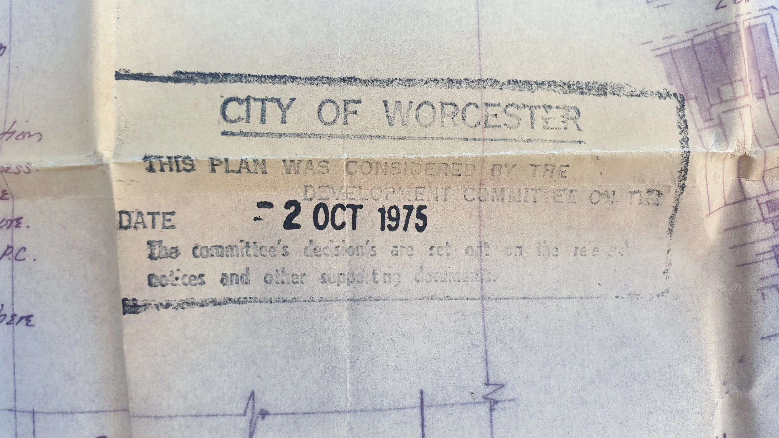 Detail of John Rees-Jowett architectural plans showing the City of Worcester approval stamp dated 2 October 1975.