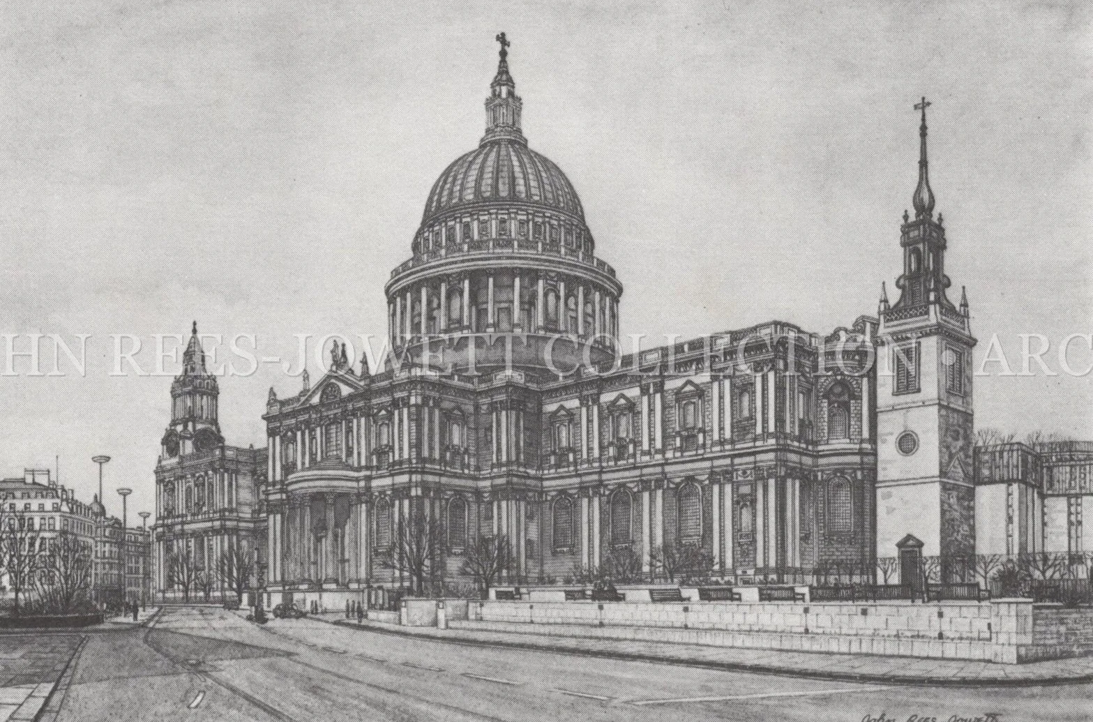 St Paul’s Cathedral, London, architectural drawing by John Rees-Jowett, showing the cathedral’s dome and west towers.
