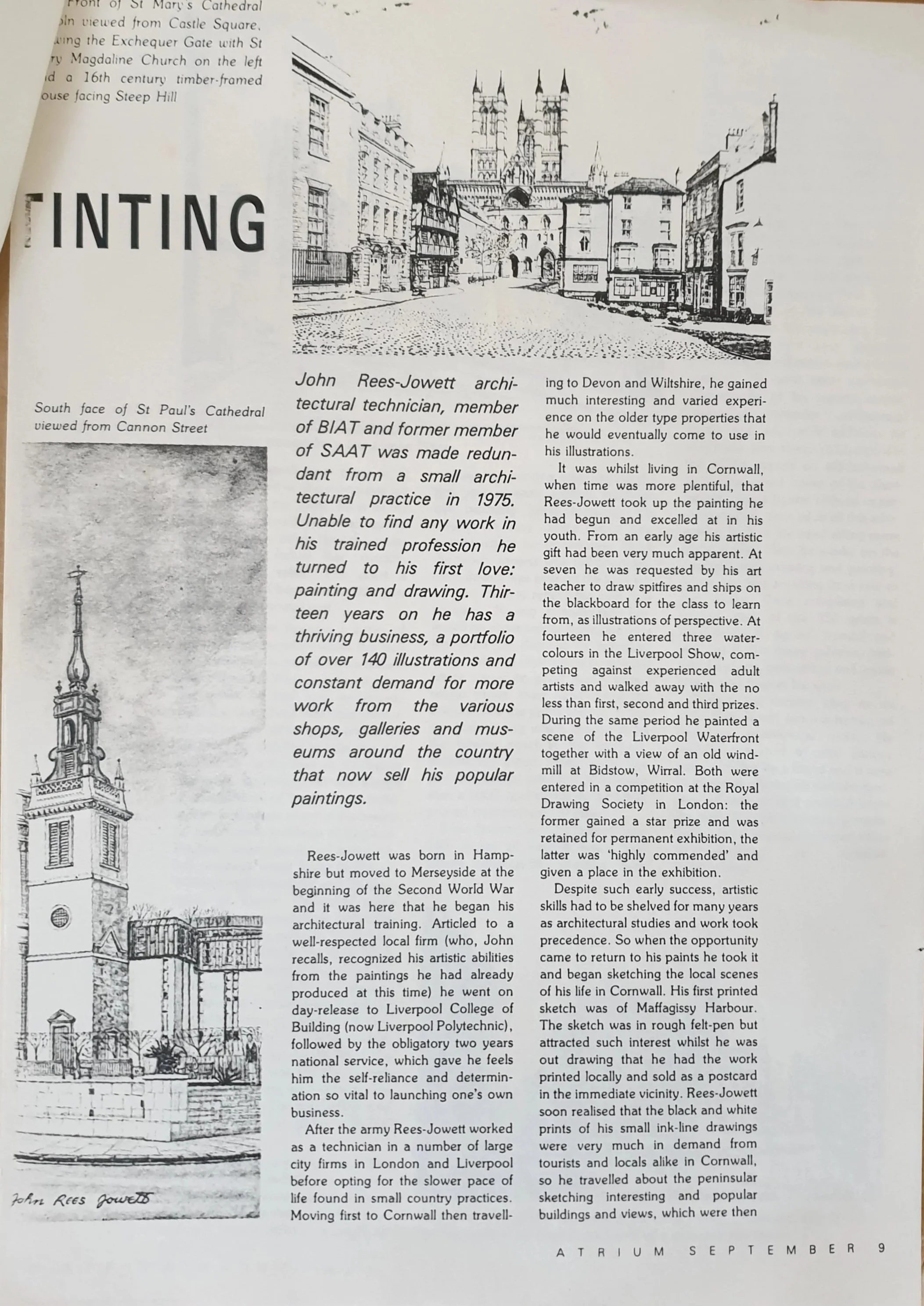 Third page of the Atrium magazine profile of John Rees-Jowett by Jennifer Oddy, documenting the development of his architectural art and limited-edition prints.