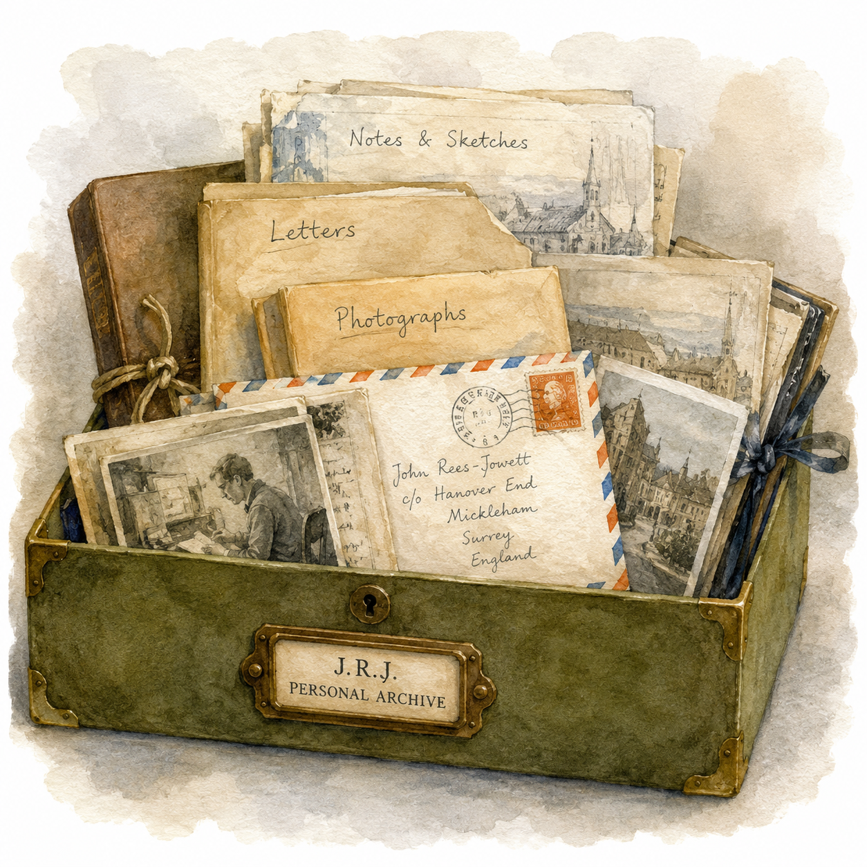 John Rees-Jowett personal archive box containing surviving photographs, handwritten correspondence, notes and sketches from his life and career.