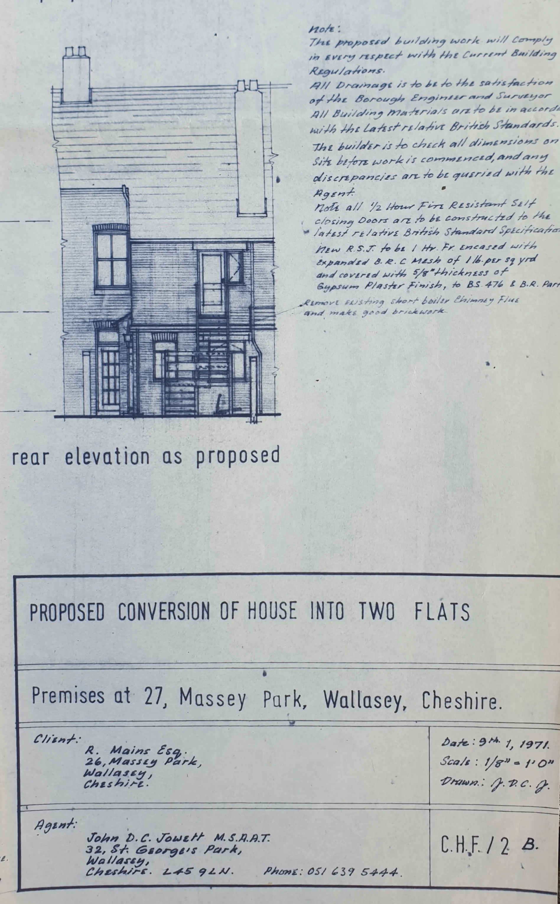 John Rees-Jowett architectural drawing for the proposed conversion of 27 Massey Park, Wallasey, Cheshire, into two flats.