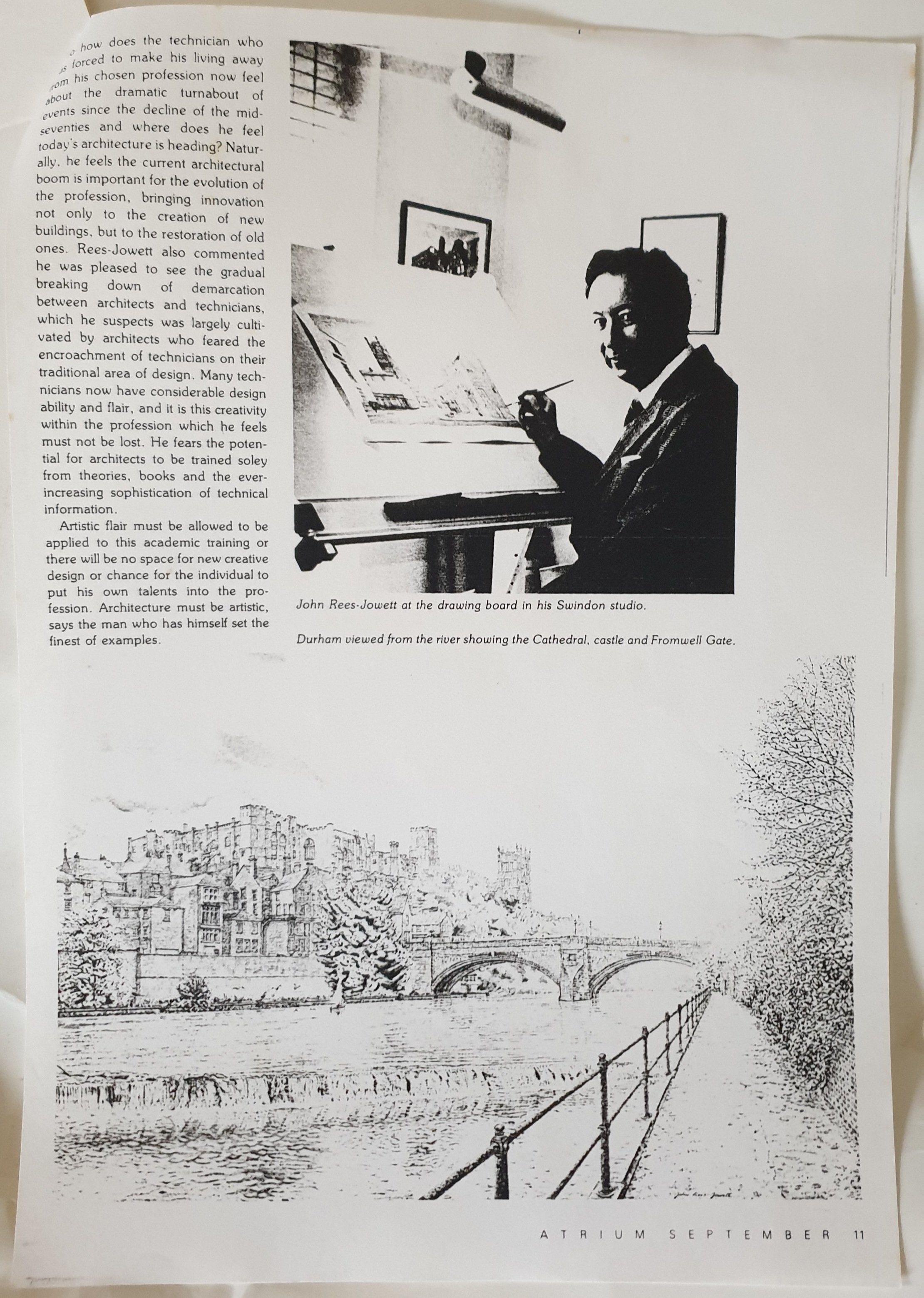 Final page of the Atrium magazine profile of John Rees-Jowett by Jennifer Oddy, featuring a photograph of Rees-Jowett and examples of his architectural artwork.