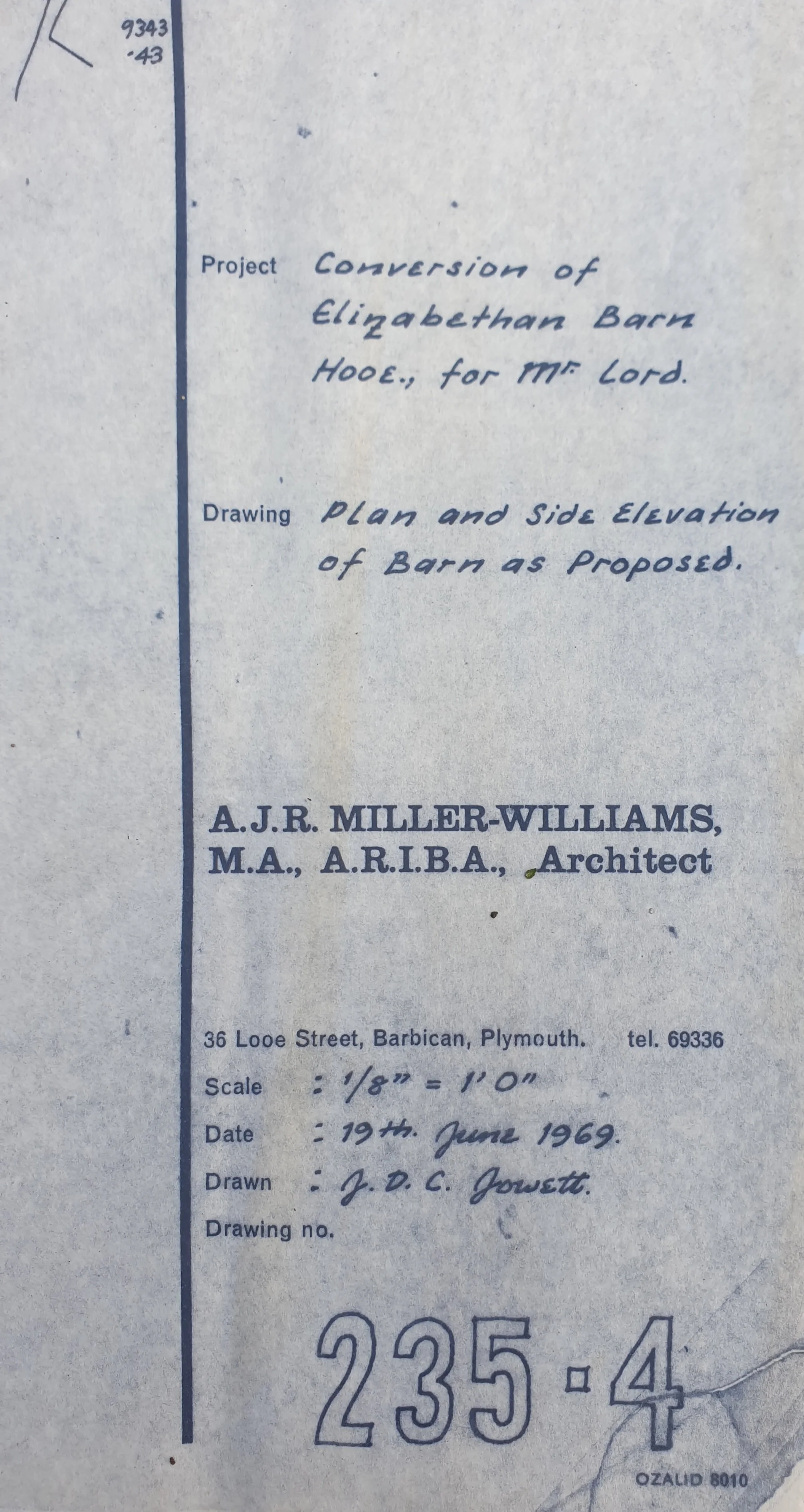 Architectural drawing by John Rees-Jowett for the conversion of Elizabethan Barn House, showing plan and elevation details.