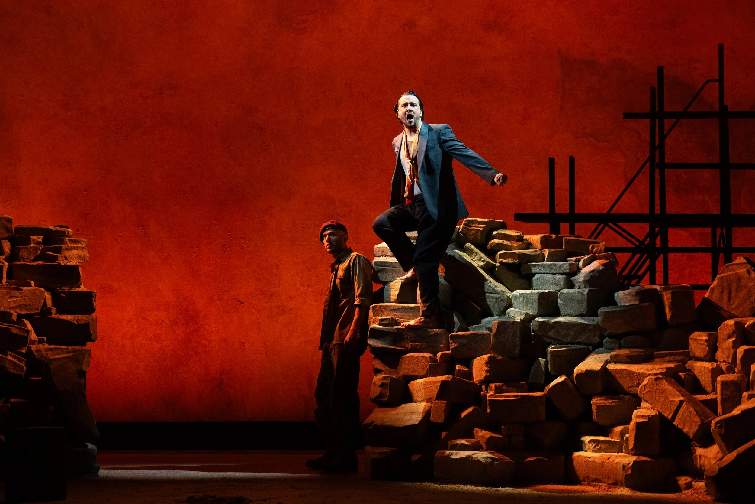 William Morgan (Male Chorus) and Edmund Danon (Junius) in The Rape of Lucretia (English Touring Opera, 2025). Credit: Richard Hubert Smith
