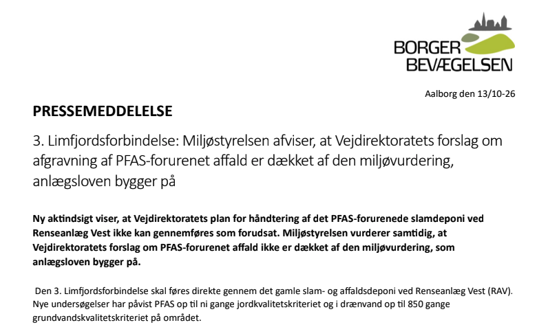 Miljøstyrelsen afviser, at Vejdirektoratets forslag om afgravning af PFAS-forurenet affald er dækket af den miljøvurdering, anlægsloven bygger på