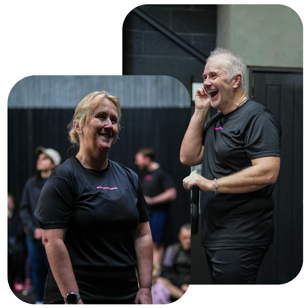 Members chatting and preparing for a training session at Square One personal training gym in Wimborne.