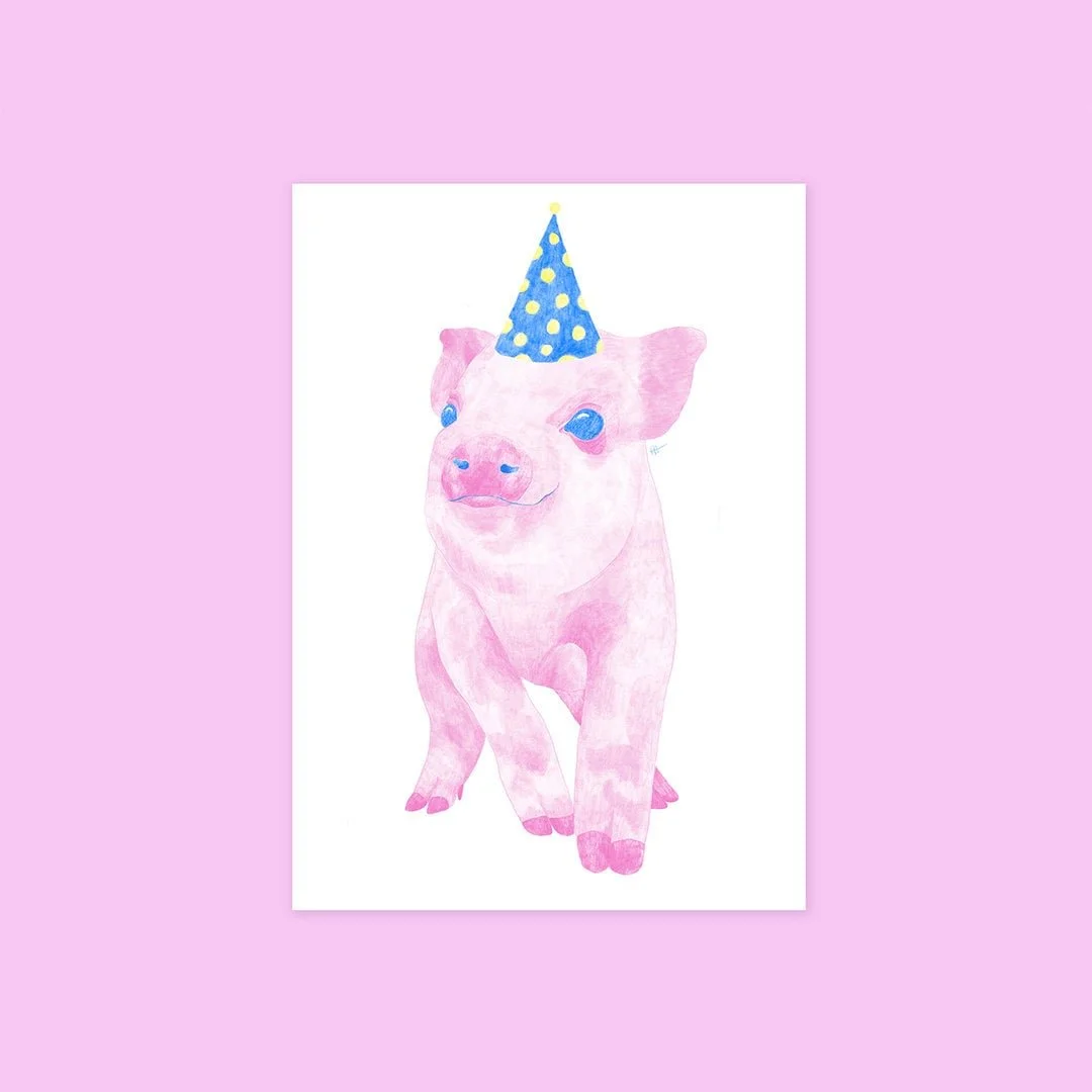 Piggy birthday greeting card. Surprise someone you love with this cute piggy greeting card.