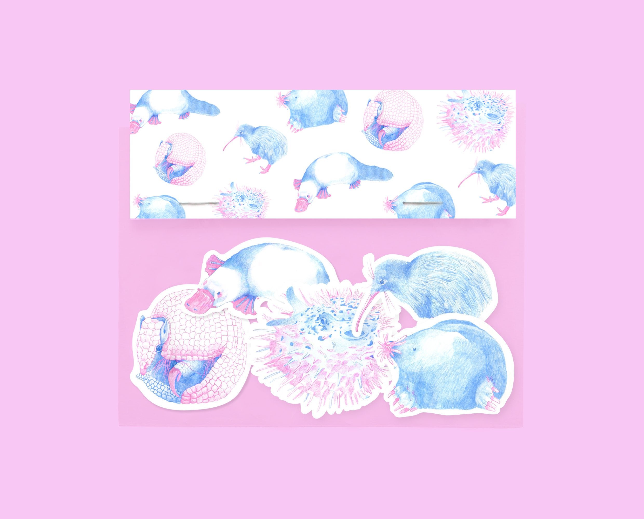 Strange animal planner sticker pack, set of 5 stickers. Cute pencil drawing stickers for your planner, bullet journal or other things