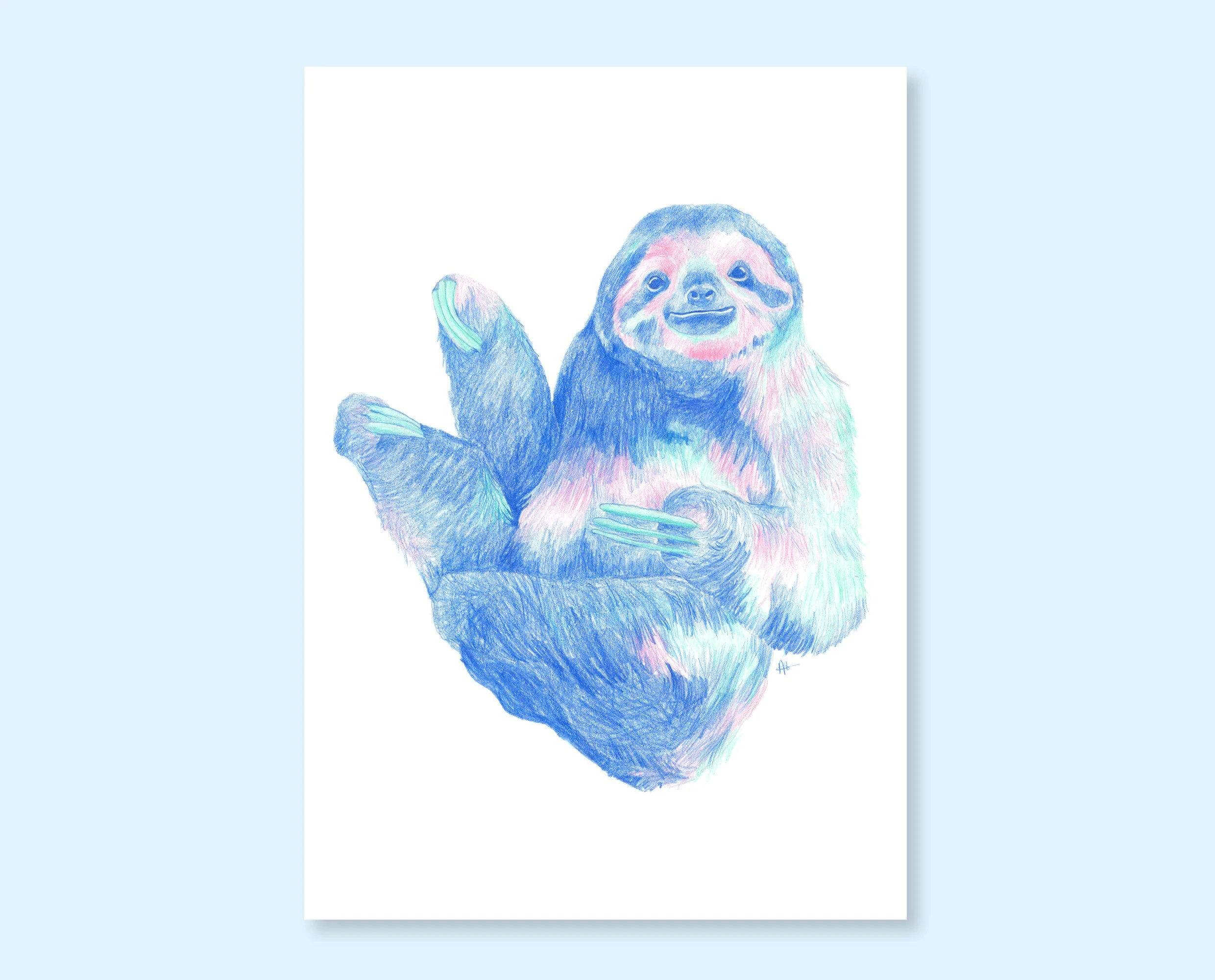 Sloth art print. Colorful cute pencil drawing of a sloth, perfect for you gallery wall. Take it easy sloth