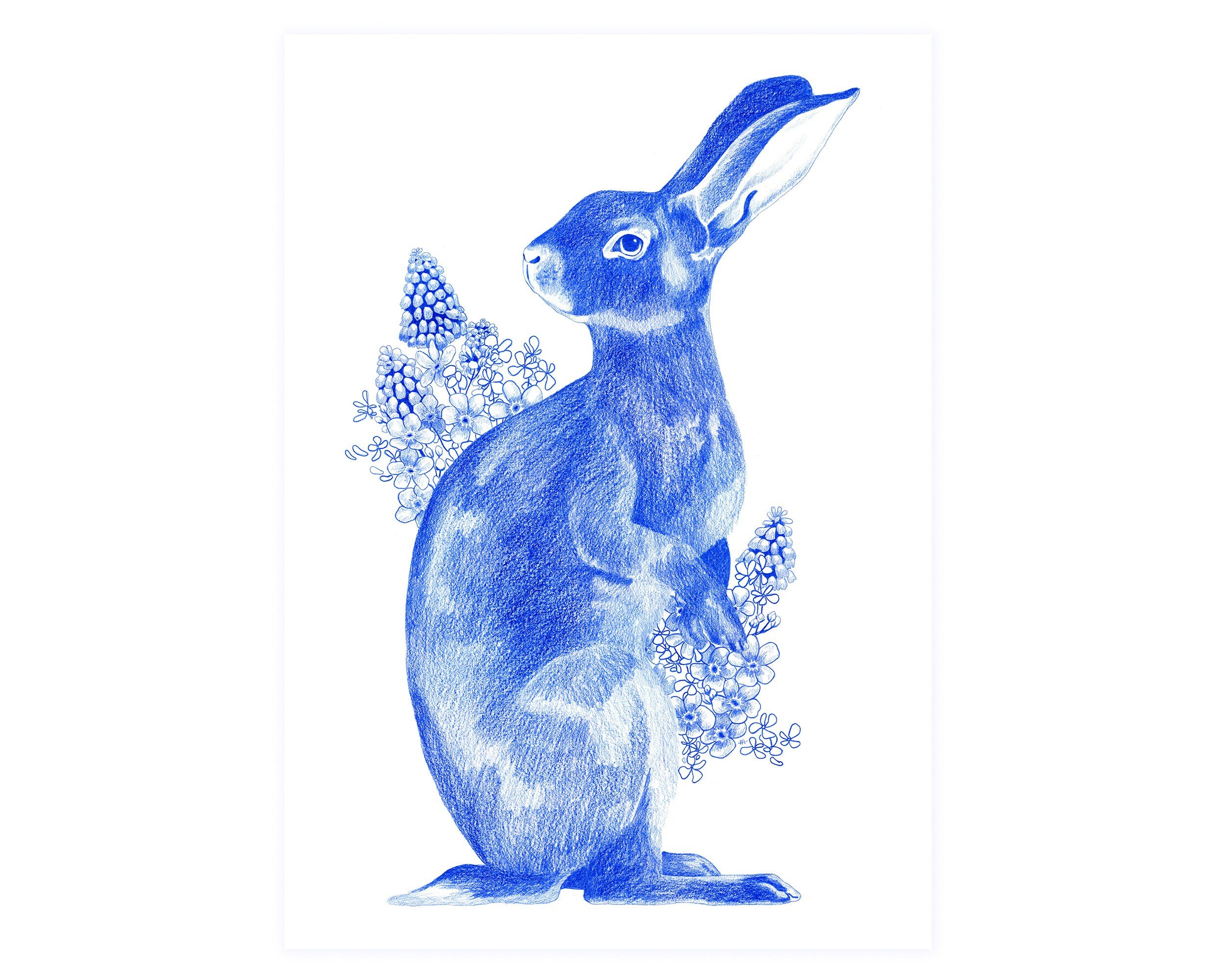 Art print hare and flowers. Dreamy art print for your gallery wall