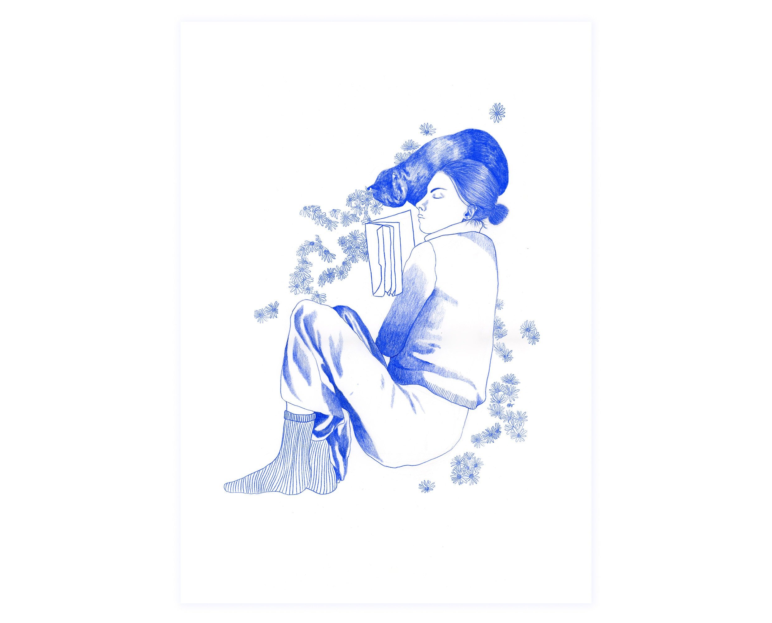 Art print reading in a field of flowers. Dreamy art print for your gallery wall