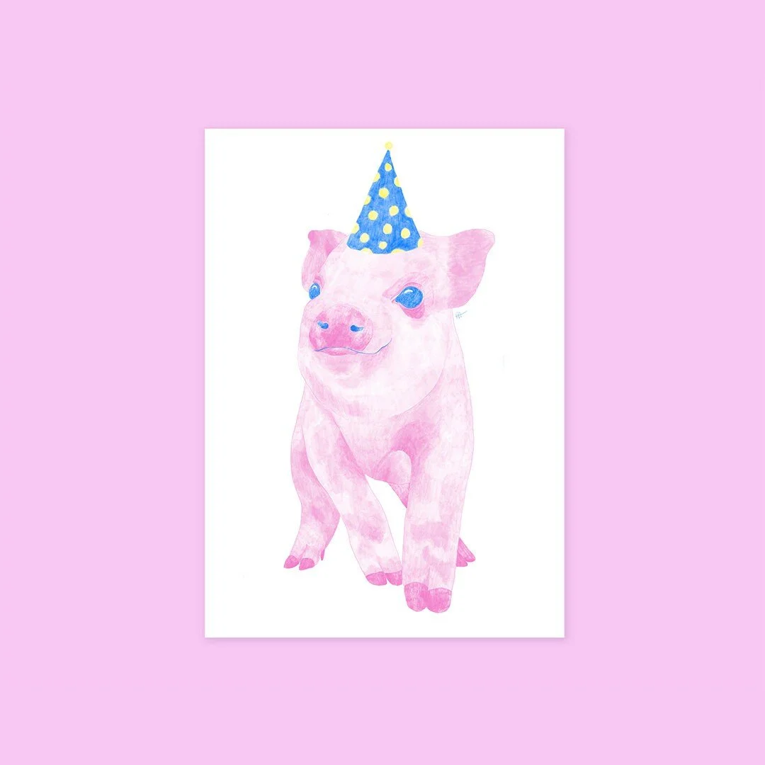 Piggy birthday greeting card. Surprise someone you love with this cute piggy greeting card.