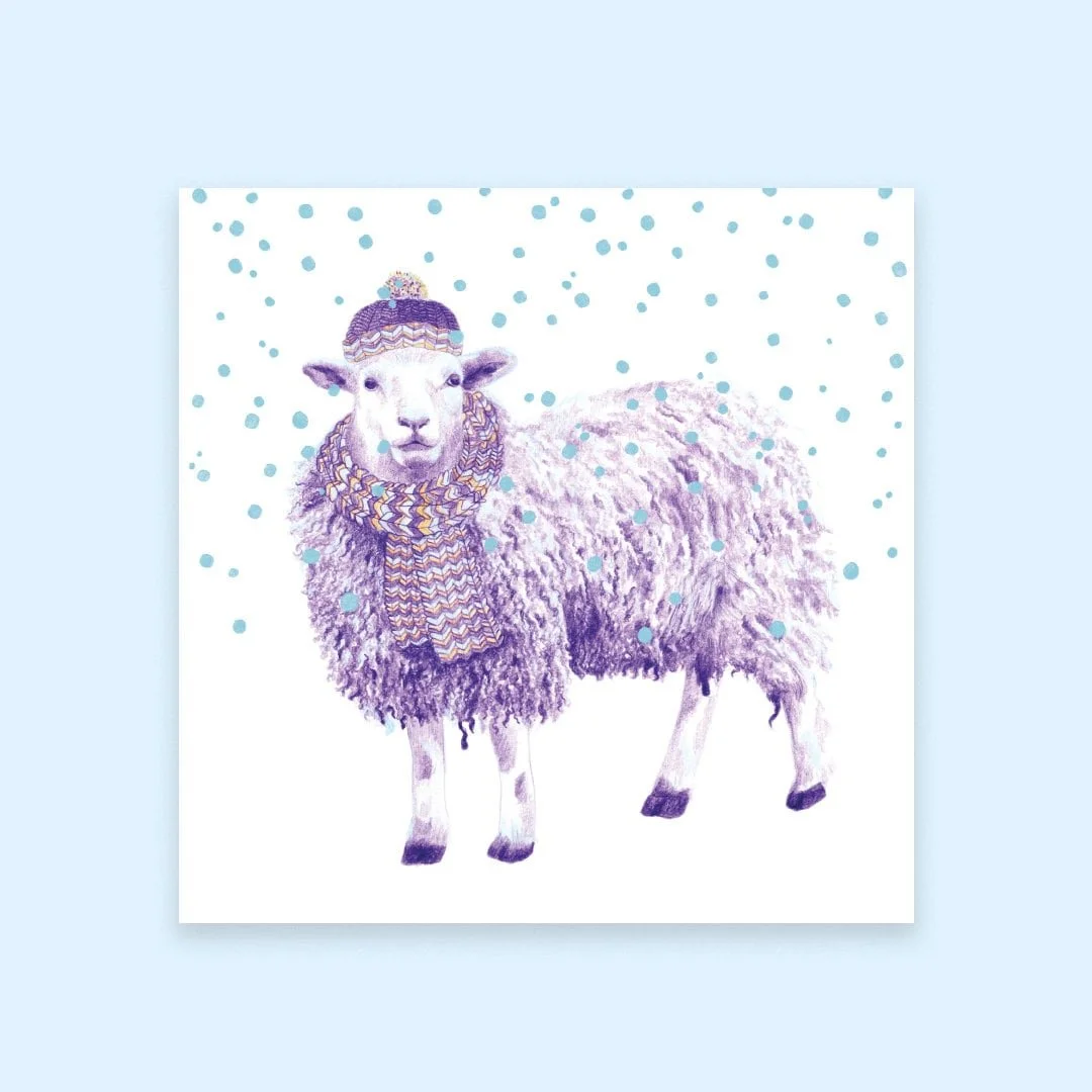 Christmas festive sheep christmas card. Illustrated sheep christmas card. Holiday sheep card